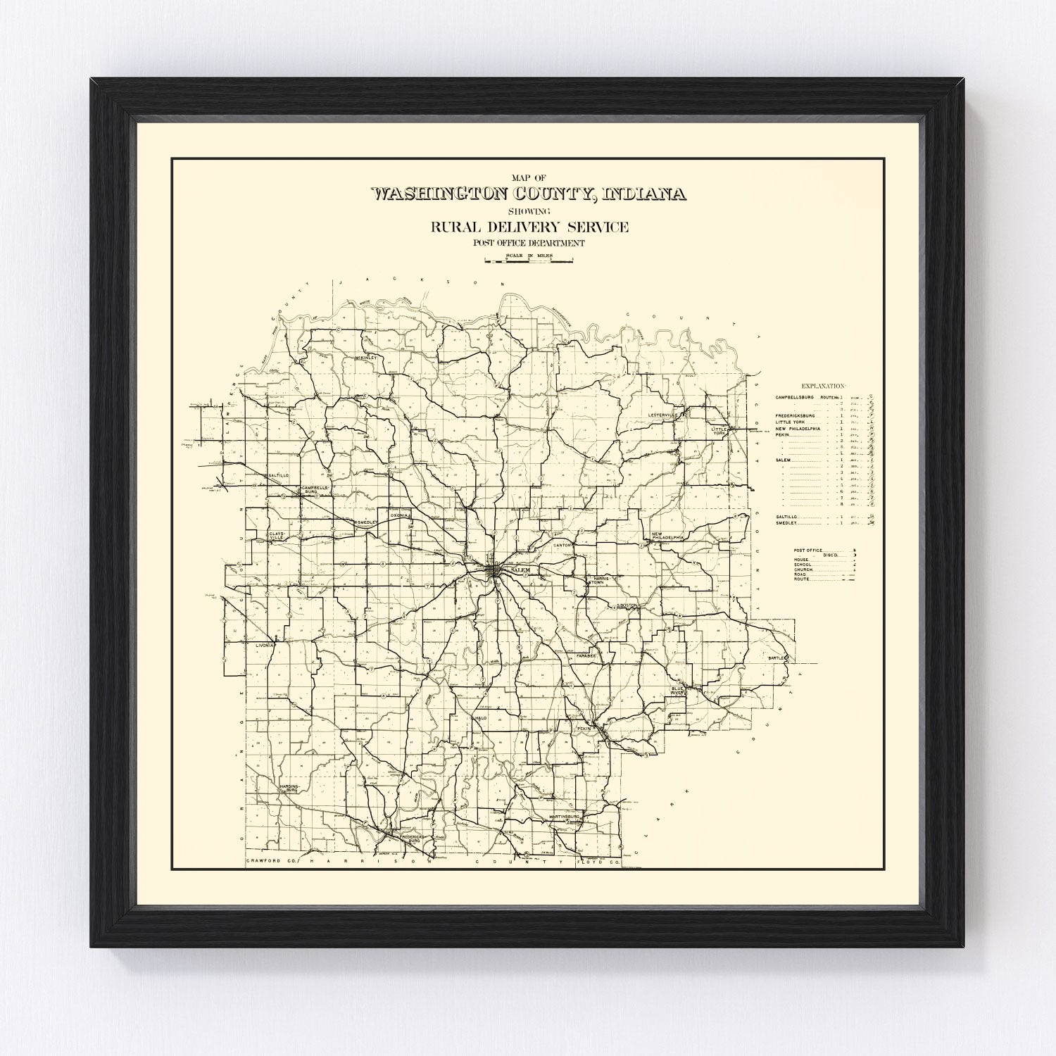 Vintage map of Washington County, Indiana, 1910, showing townships and rural communities