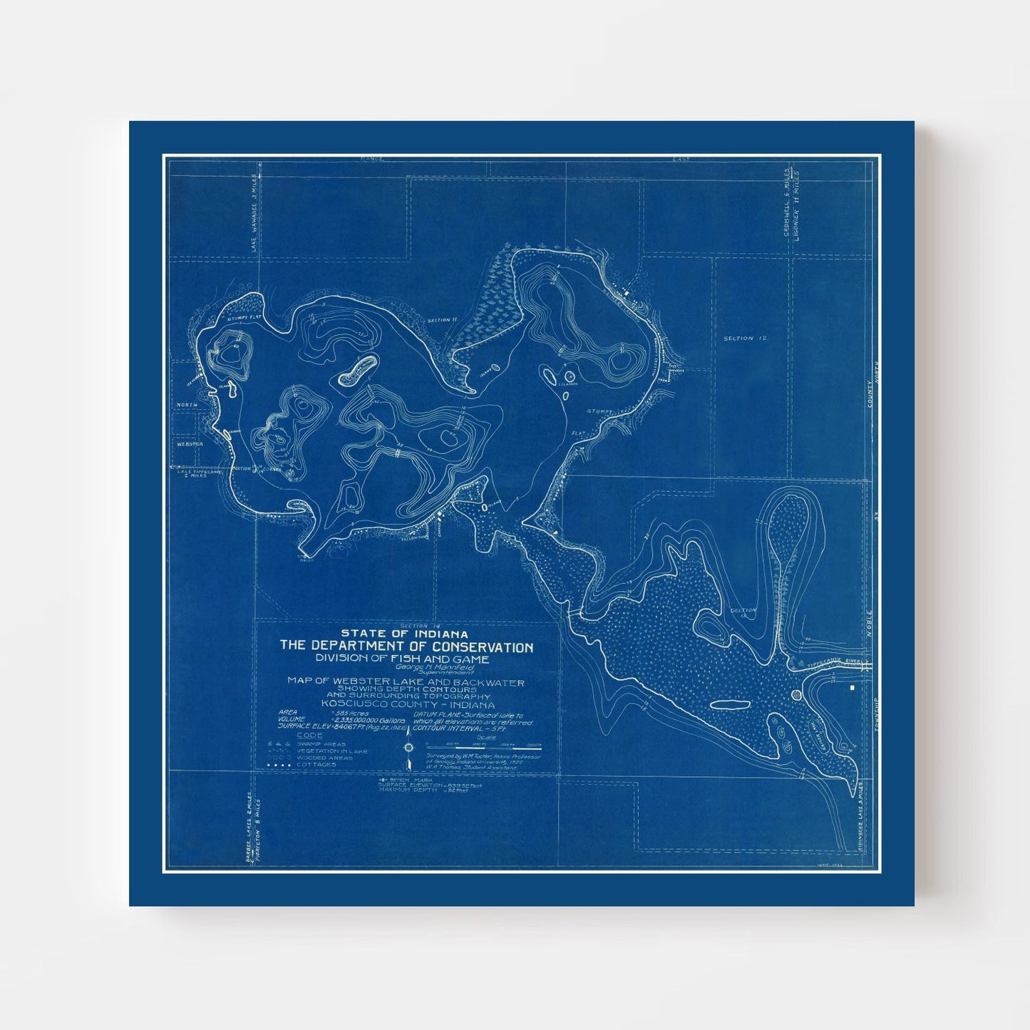 Vintage Webster Lake Indiana Map, 1922
