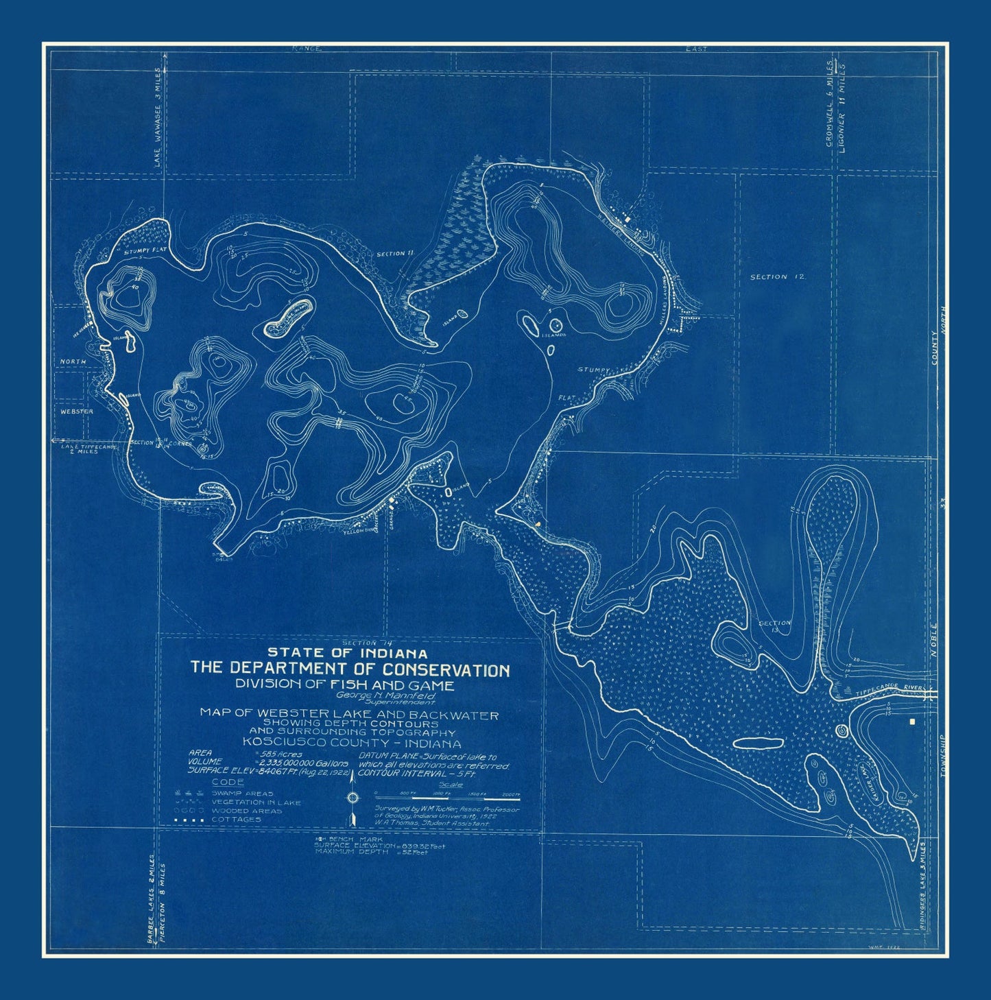 Vintage Webster Lake Indiana Map, 1922