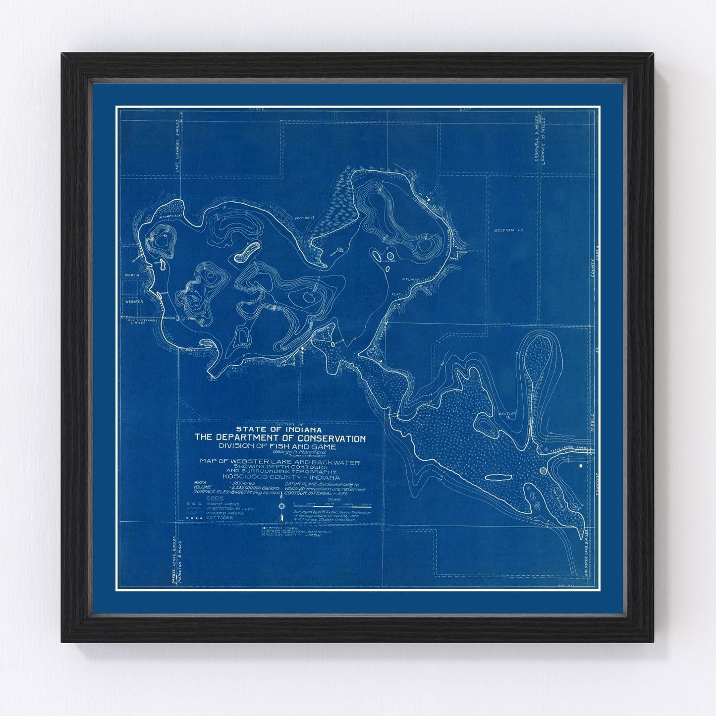Vintage 1922 map of Webster Lake Indiana showing shoreline and waterways, restored print