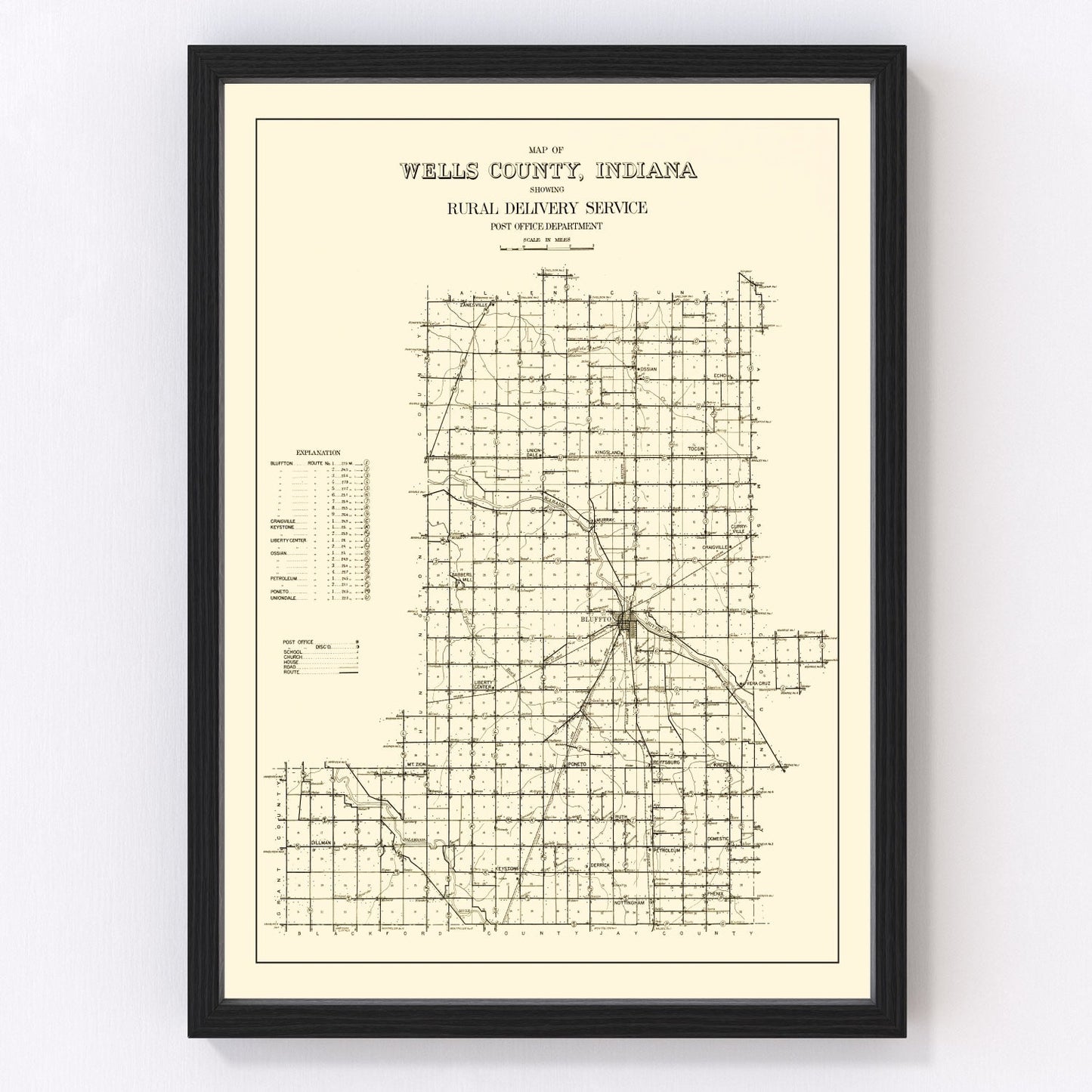Vintage map of Wells County, Indiana, 1911, northeastern Indiana roads and farms
