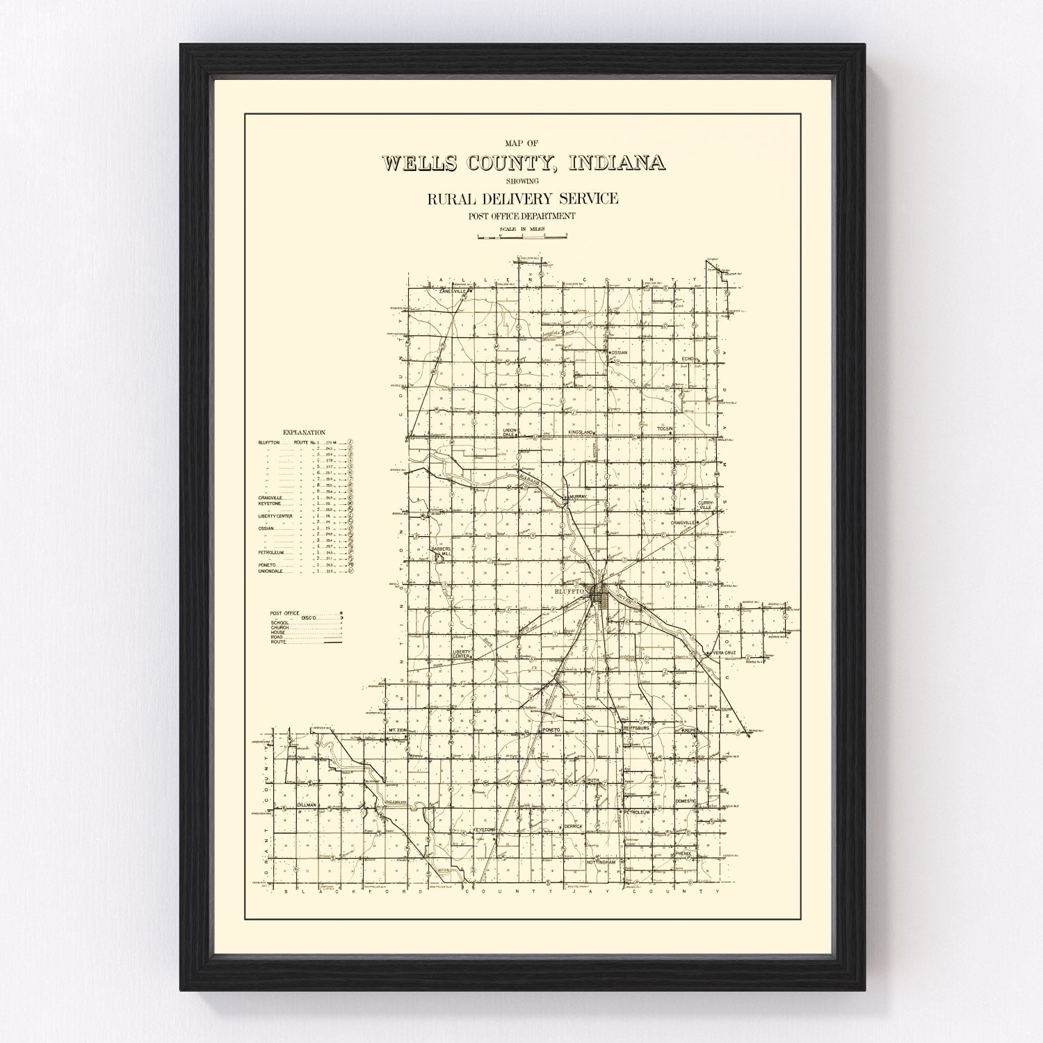 Vintage map of Wells County, Indiana, 1911, northeastern Indiana roads and farms