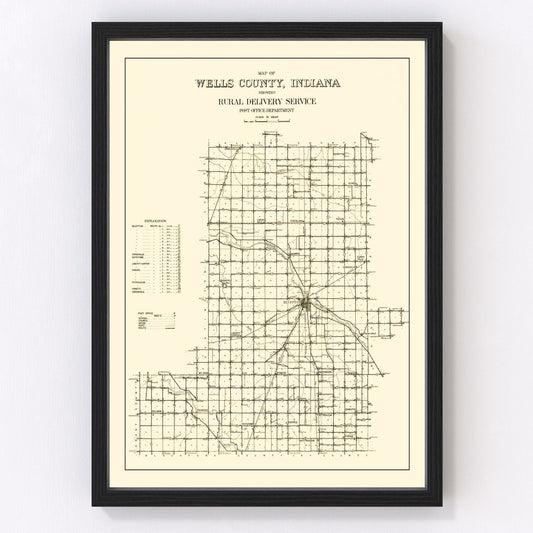 Vintage map of Wells County, Indiana, 1911, northeastern Indiana roads and farms