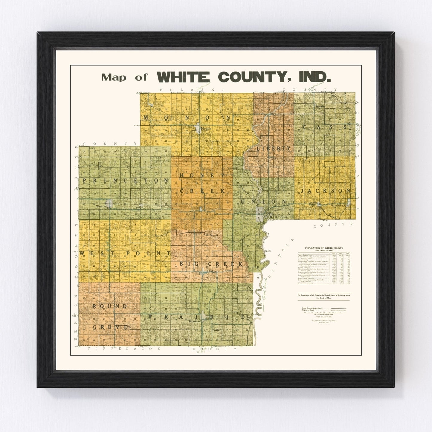Vintage map of White County, Indiana, 1910 - Monticello restored cartographic print