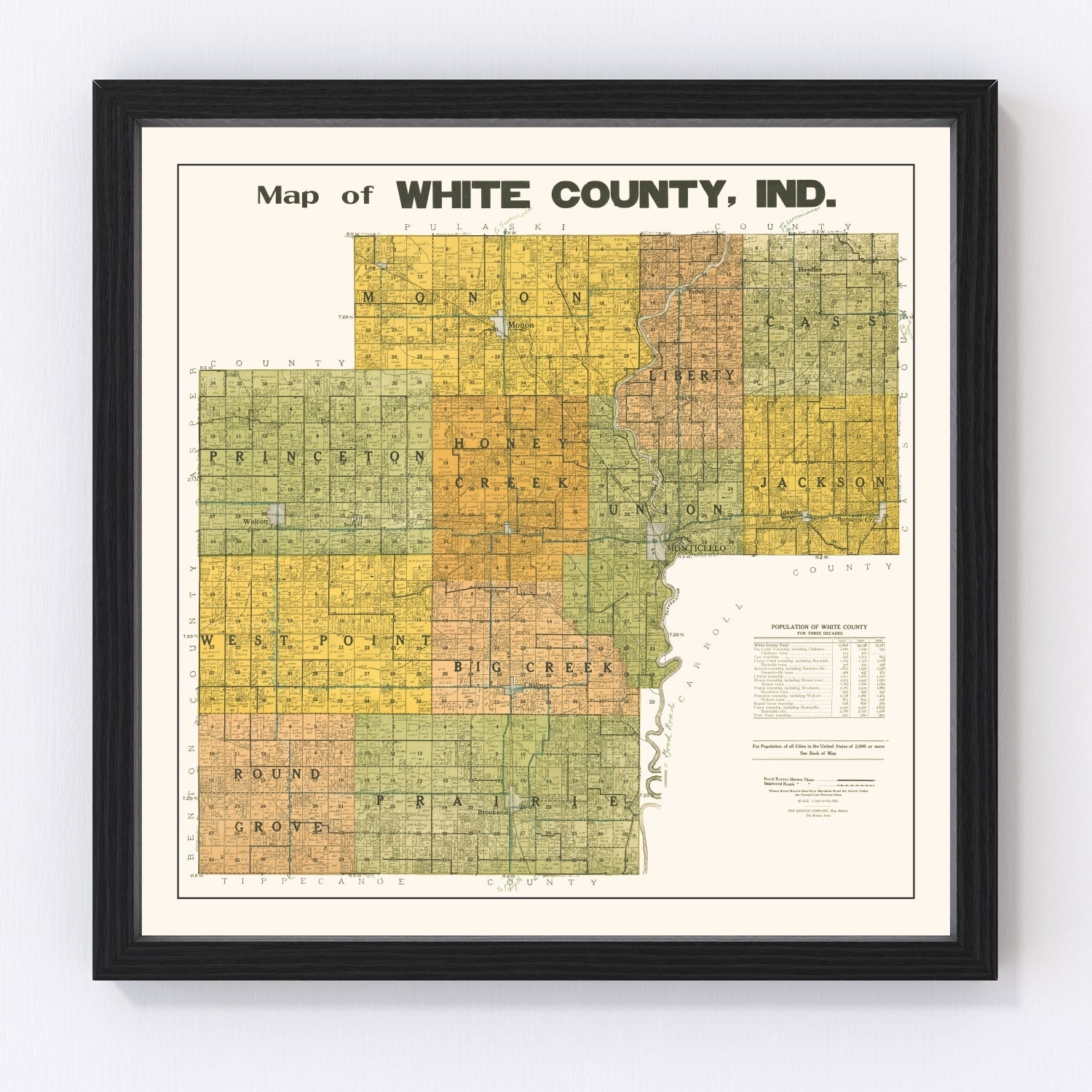 Vintage map of White County, Indiana, 1910 - Monticello restored cartographic print