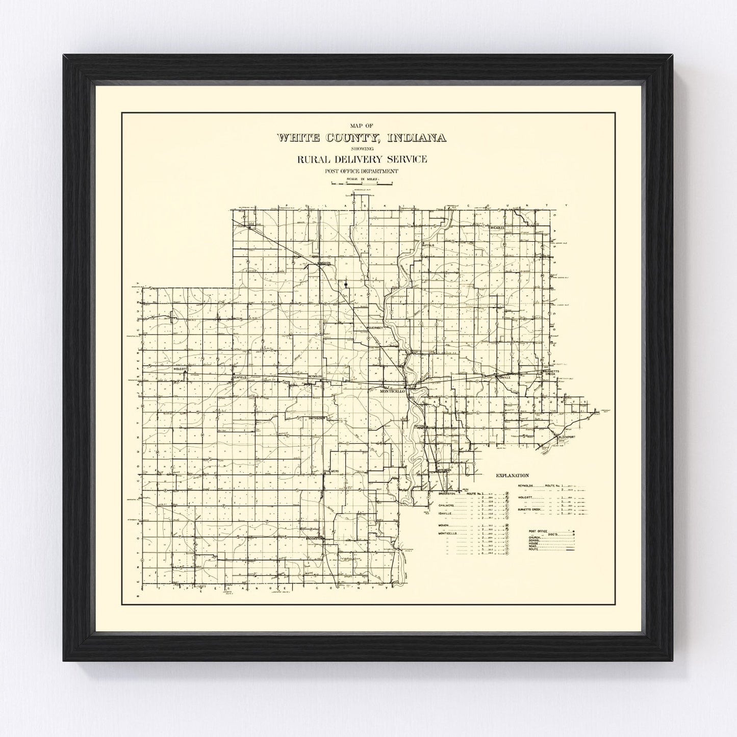 Vintage map of White County, Indiana, 1909 - Monticello restored cartographic print