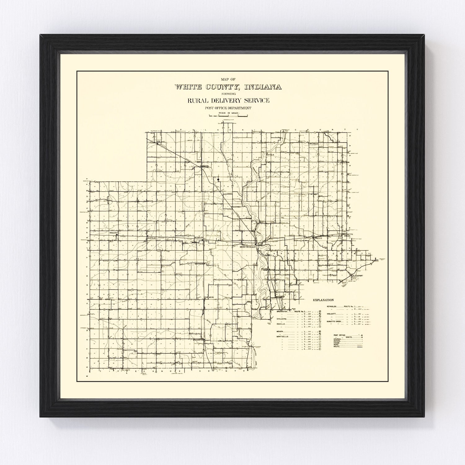 Vintage map of White County, Indiana, 1909 - Monticello restored cartographic print