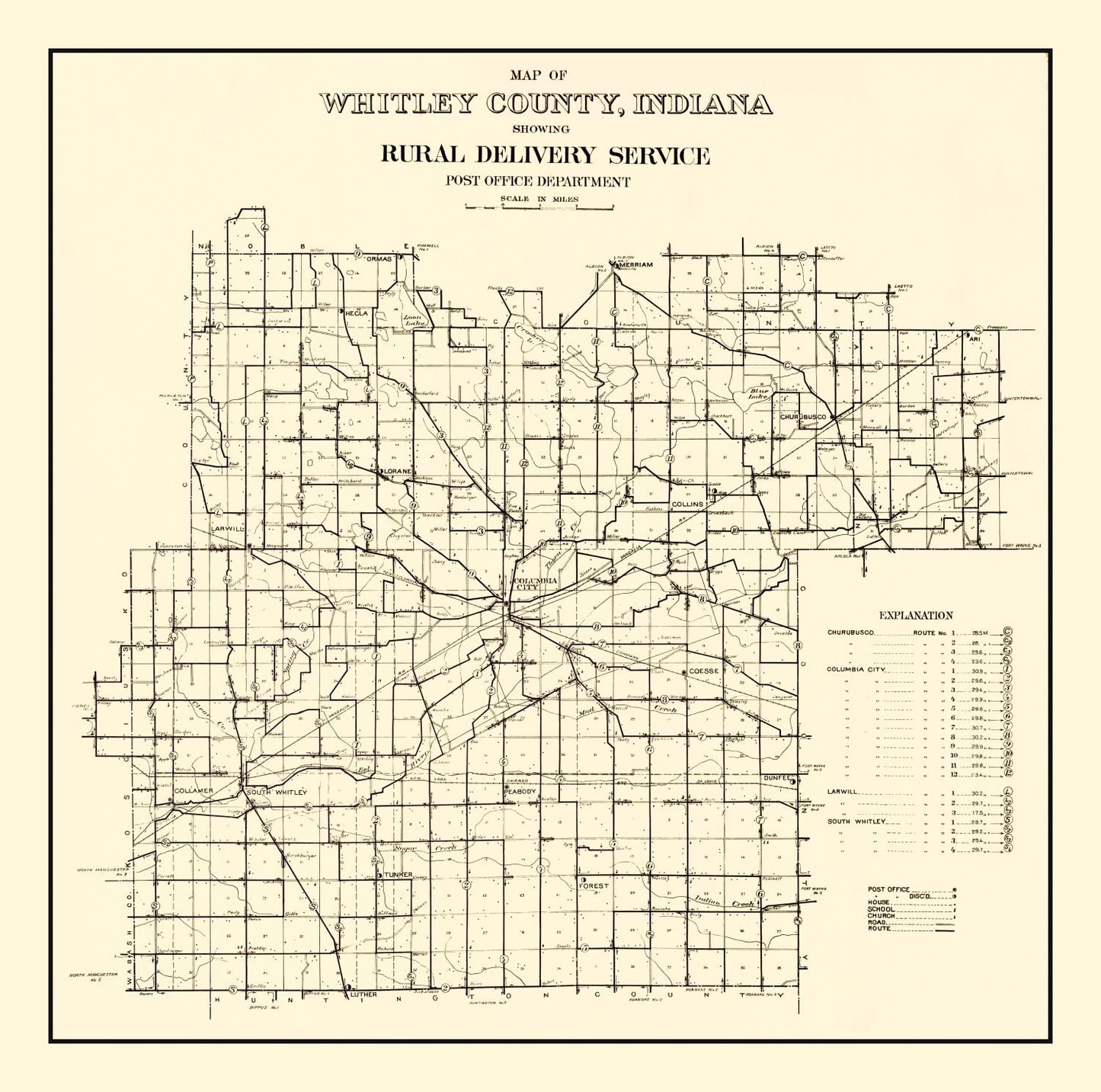 Vintage Map of Whitley County, Indiana, 1910