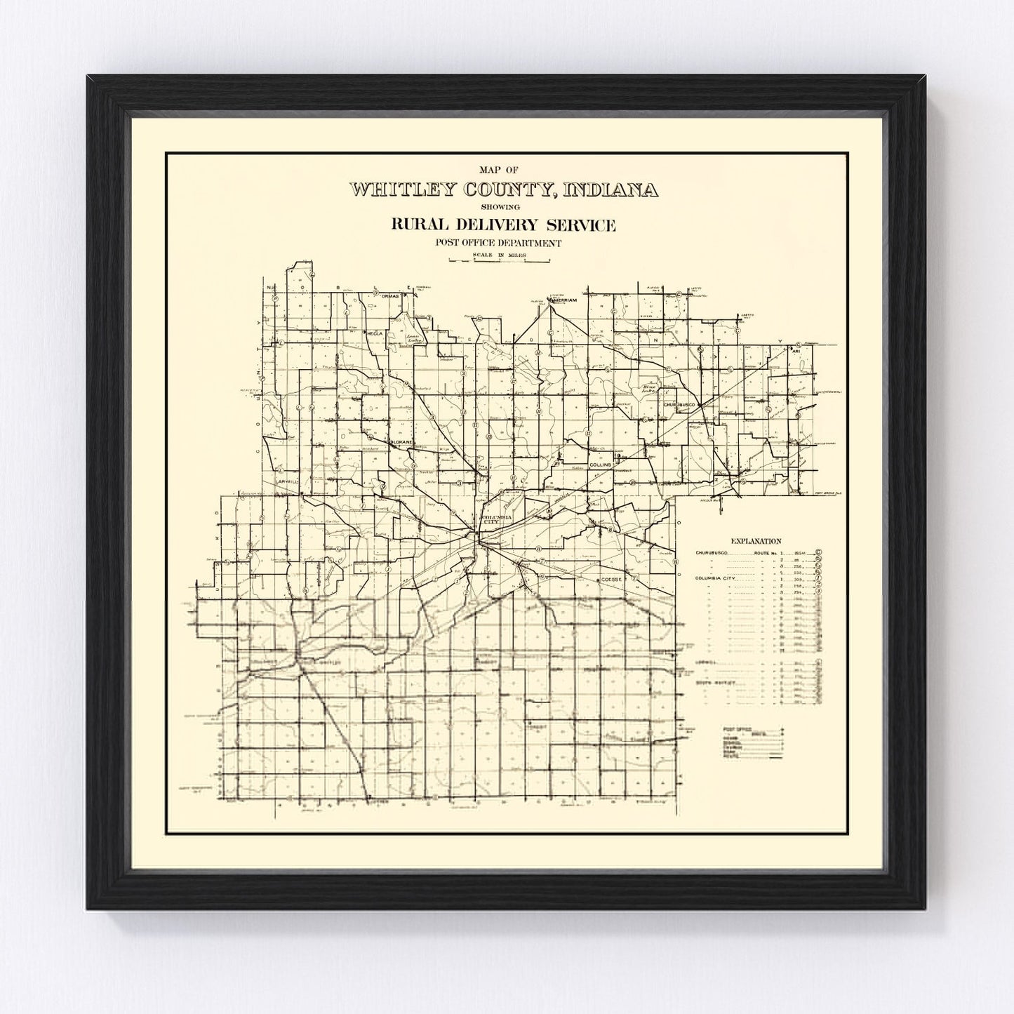 Vintage map of Whitley County, Indiana, 1910, early 1900s townships and rural roads