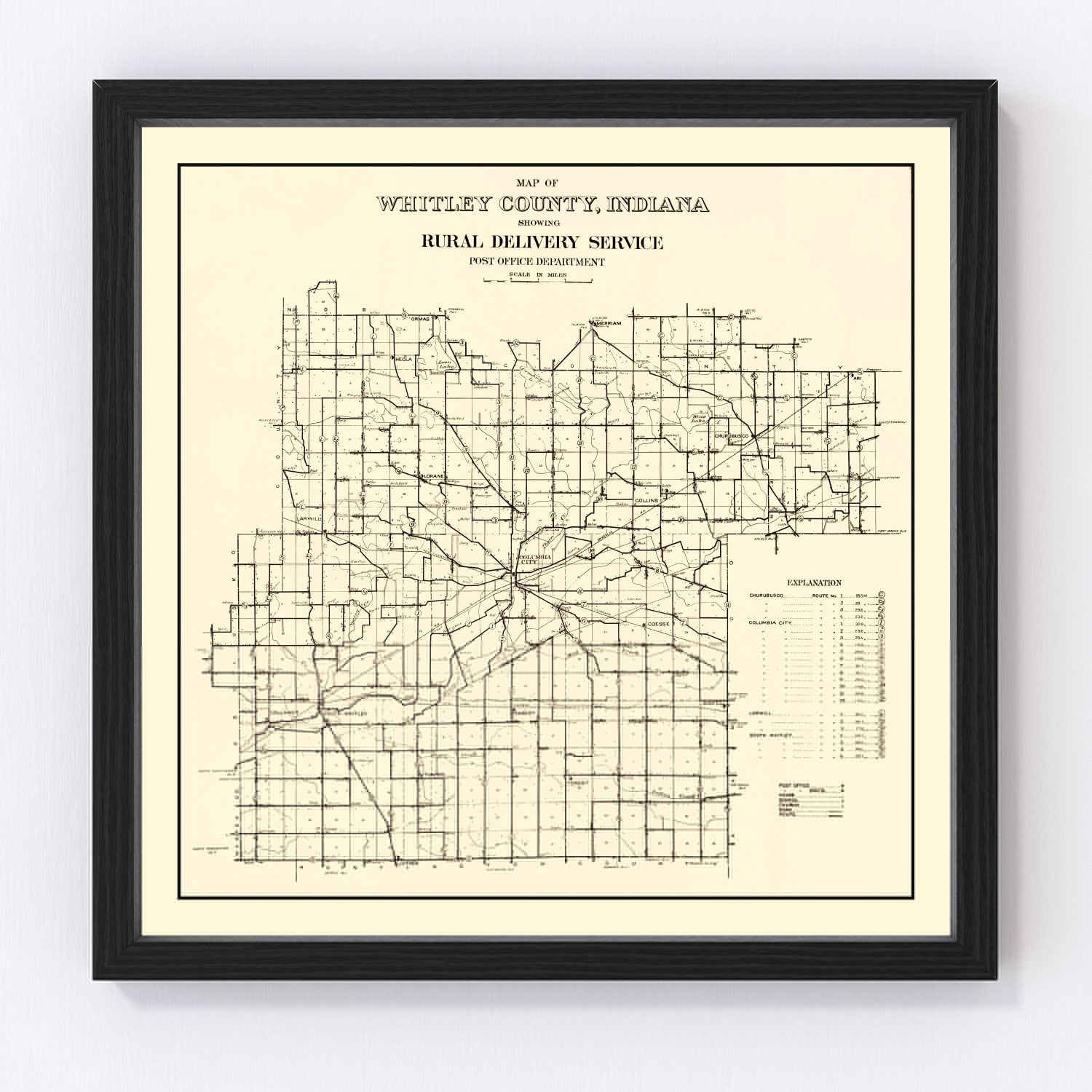 Vintage map of Whitley County, Indiana, 1910, early 1900s townships and rural roads