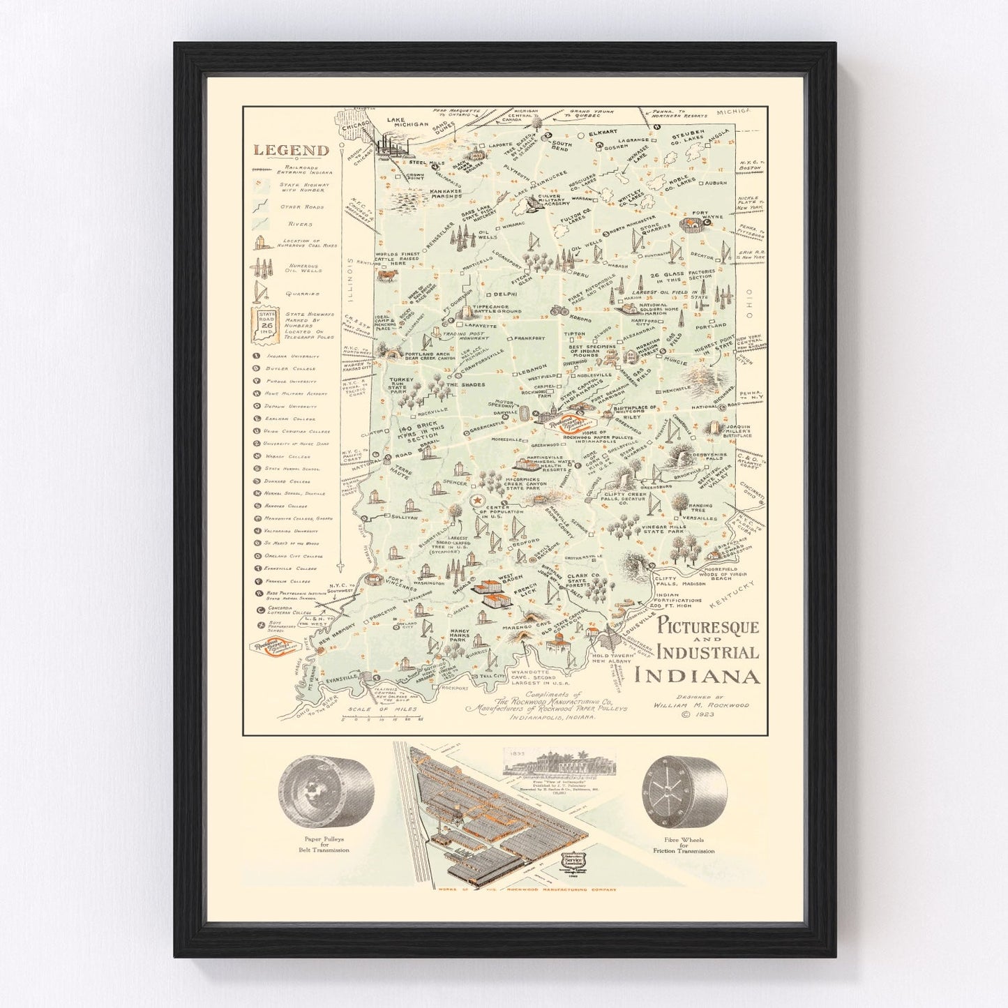 Vintage map of Indiana, 1923
