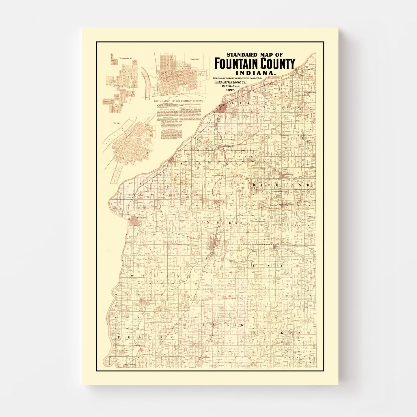 Vintage Map of Fountain County, Indiana, 1897