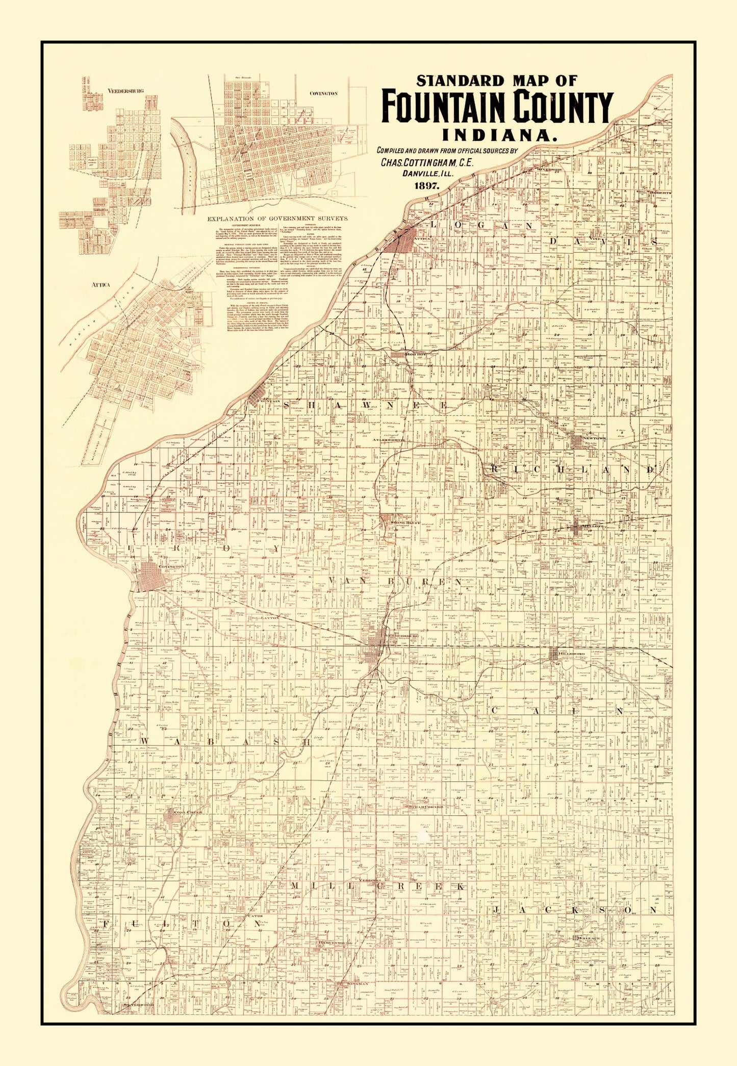 Vintage Map of Fountain County, Indiana, 1897
