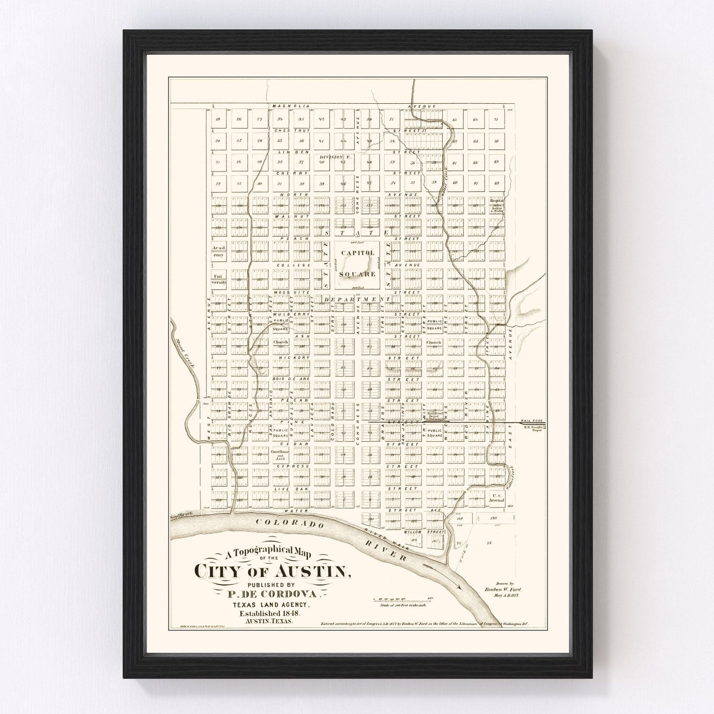 Vintage map of Austin, Texas state capital on Colorado River, 1872