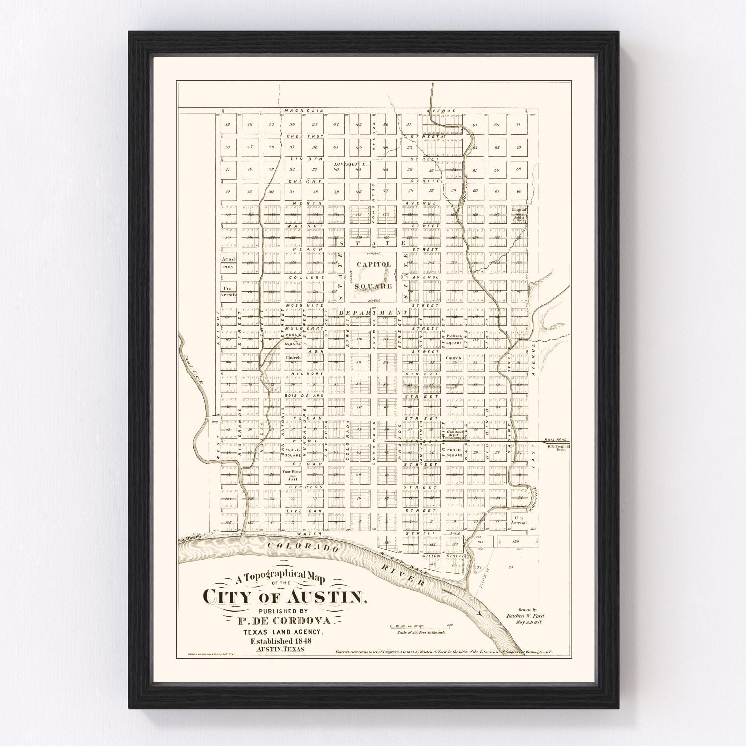Vintage map of Austin, Texas state capital on Colorado River, 1872