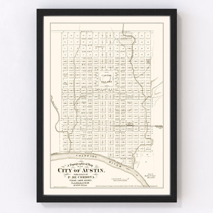 Vintage map of Austin, Texas state capital on Colorado River, 1872