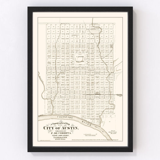 Vintage map of Austin, Texas state capital on Colorado River, 1872