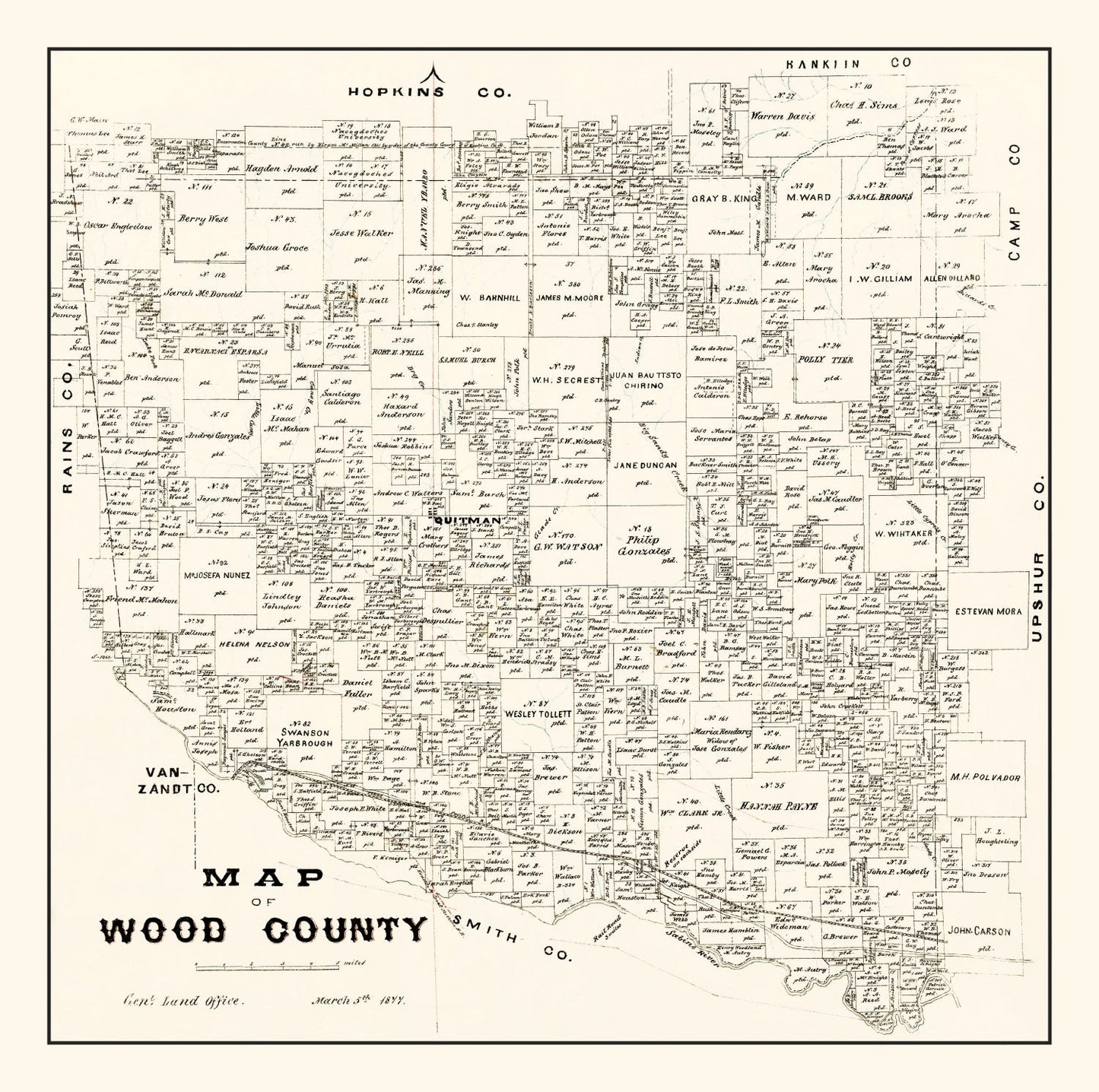 Vintage Map of Wood County, Texas 1877