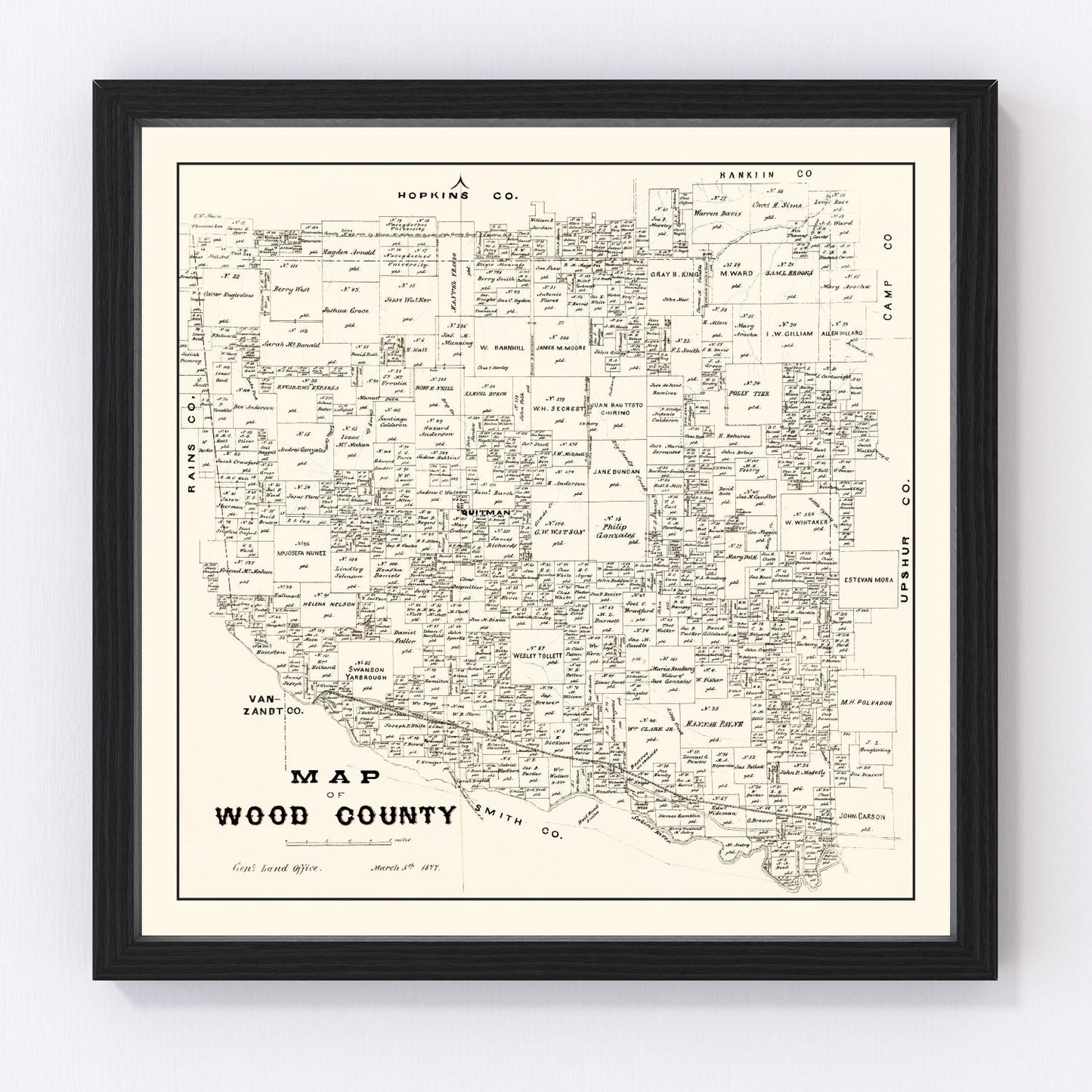 Vintage map of Wood County, Texas, 1877, with Quitman and Mineola, digitally restored