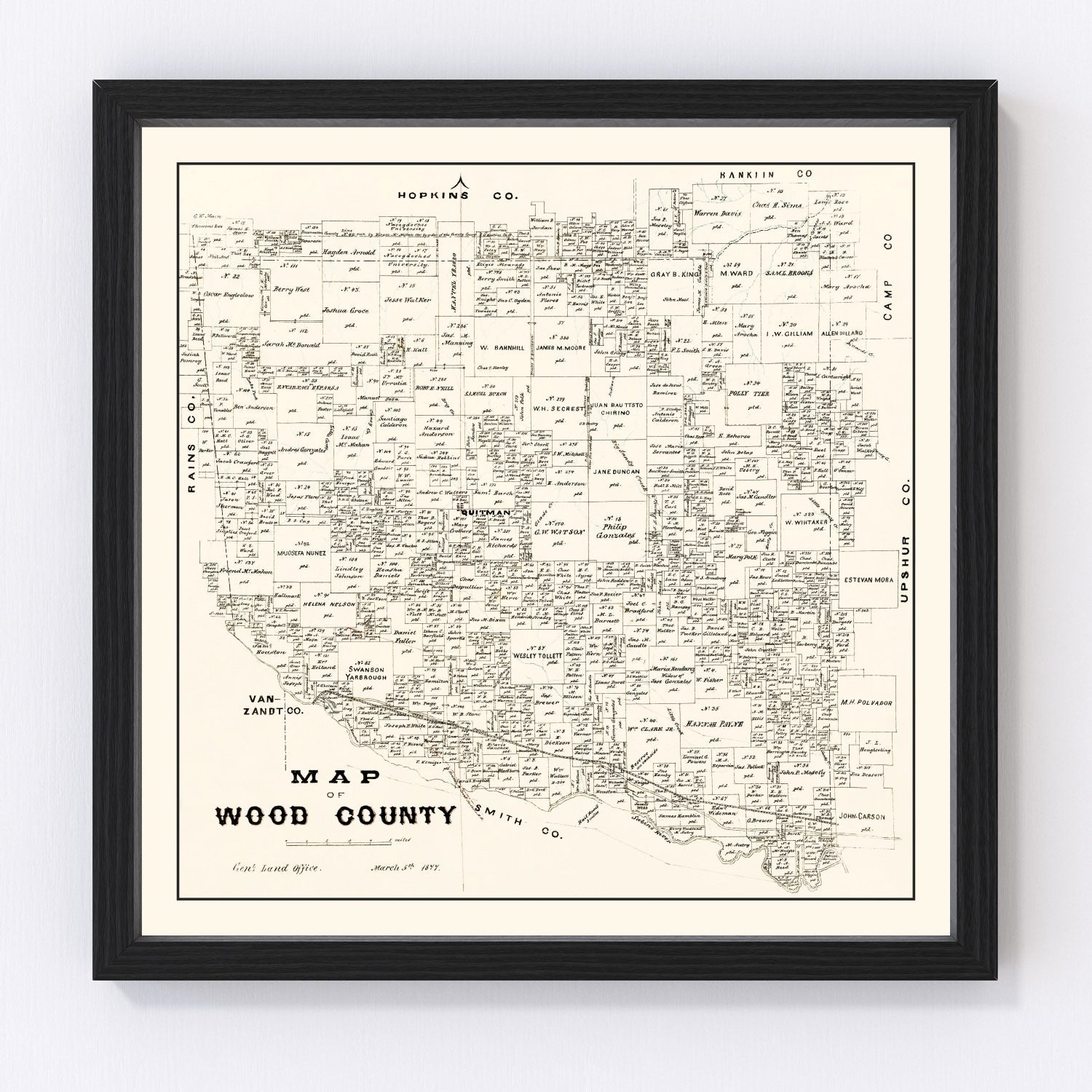 Vintage map of Wood County, Texas, 1877, with Quitman and Mineola, digitally restored