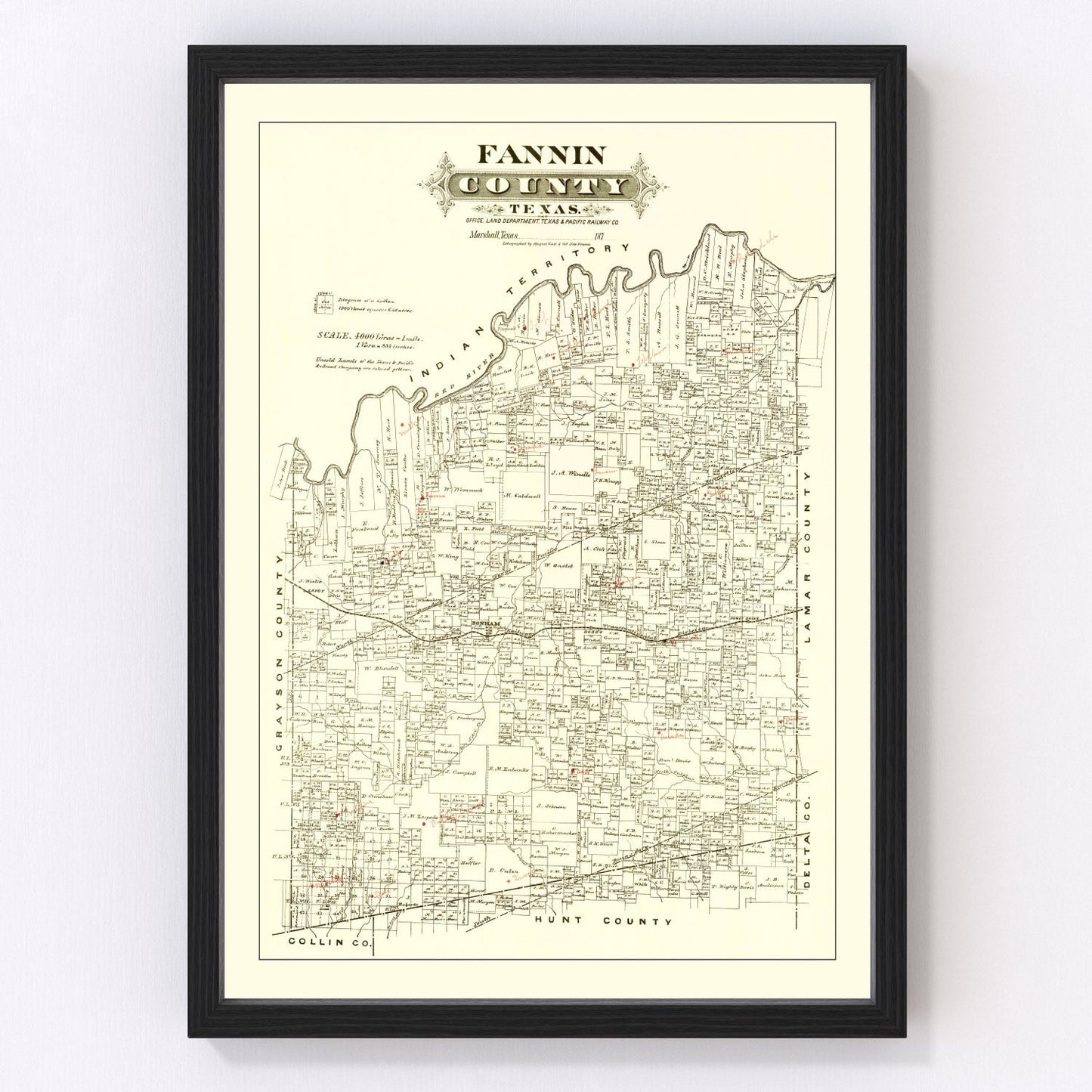 vintage map of Fannin County, Texas, 1870