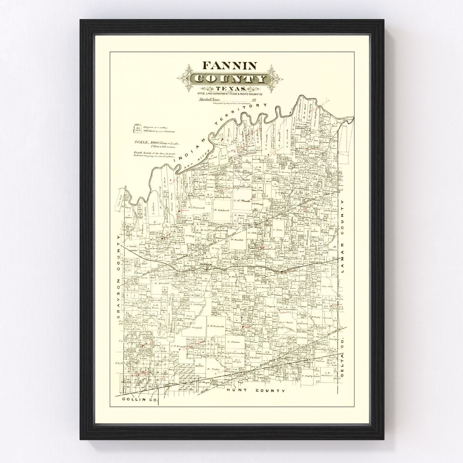 vintage map of Fannin County, Texas, 1870