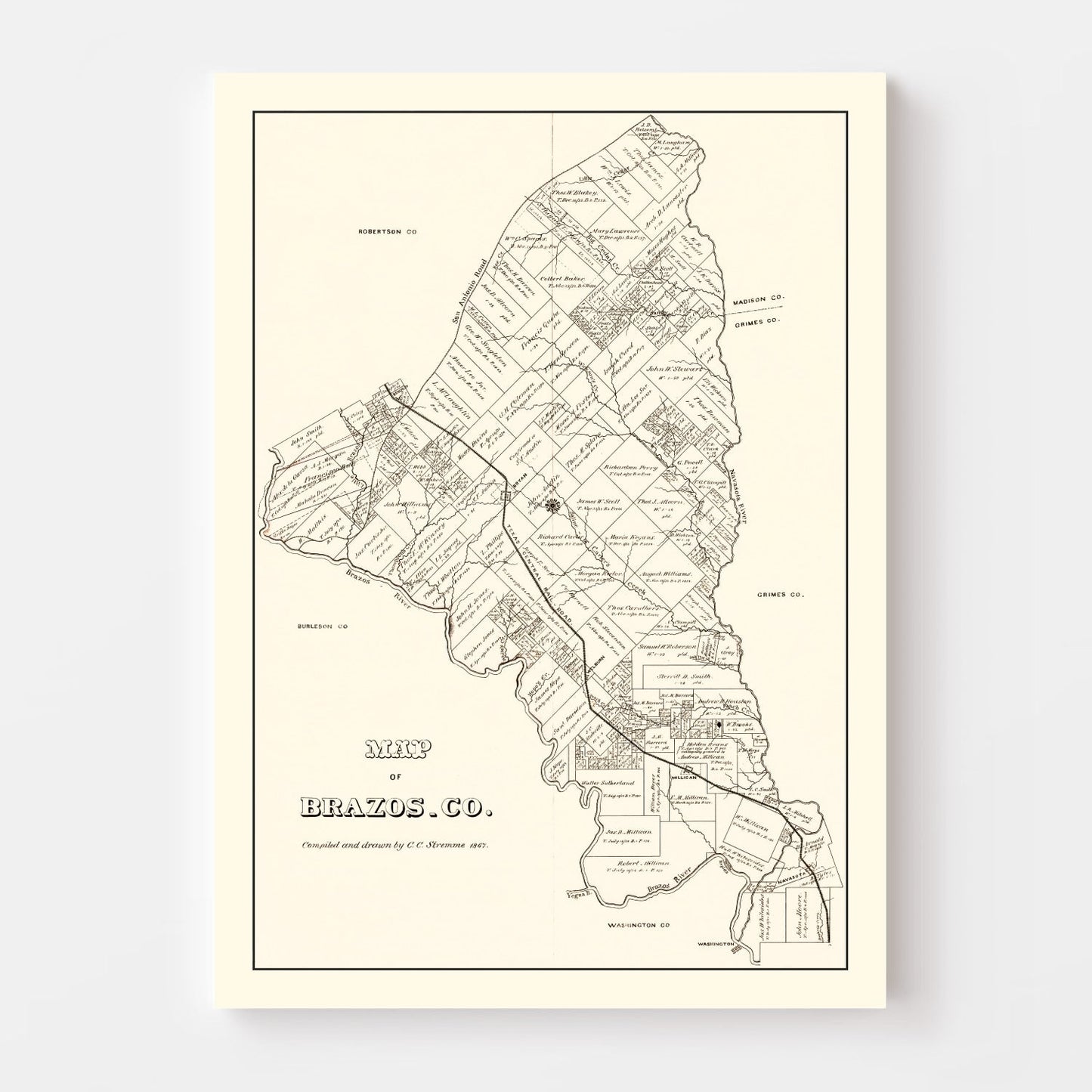 Vintage Map of Brazos County, Texas, 1867