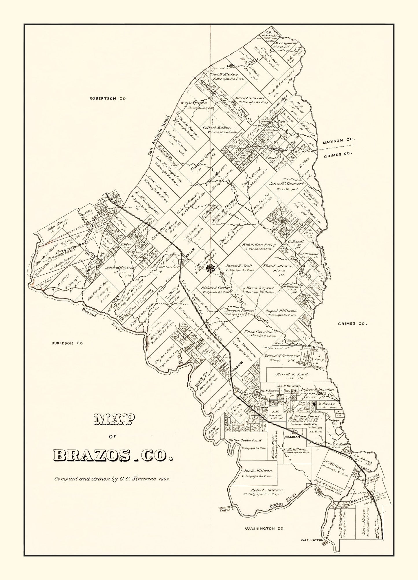 Vintage Map of Brazos County, Texas, 1867