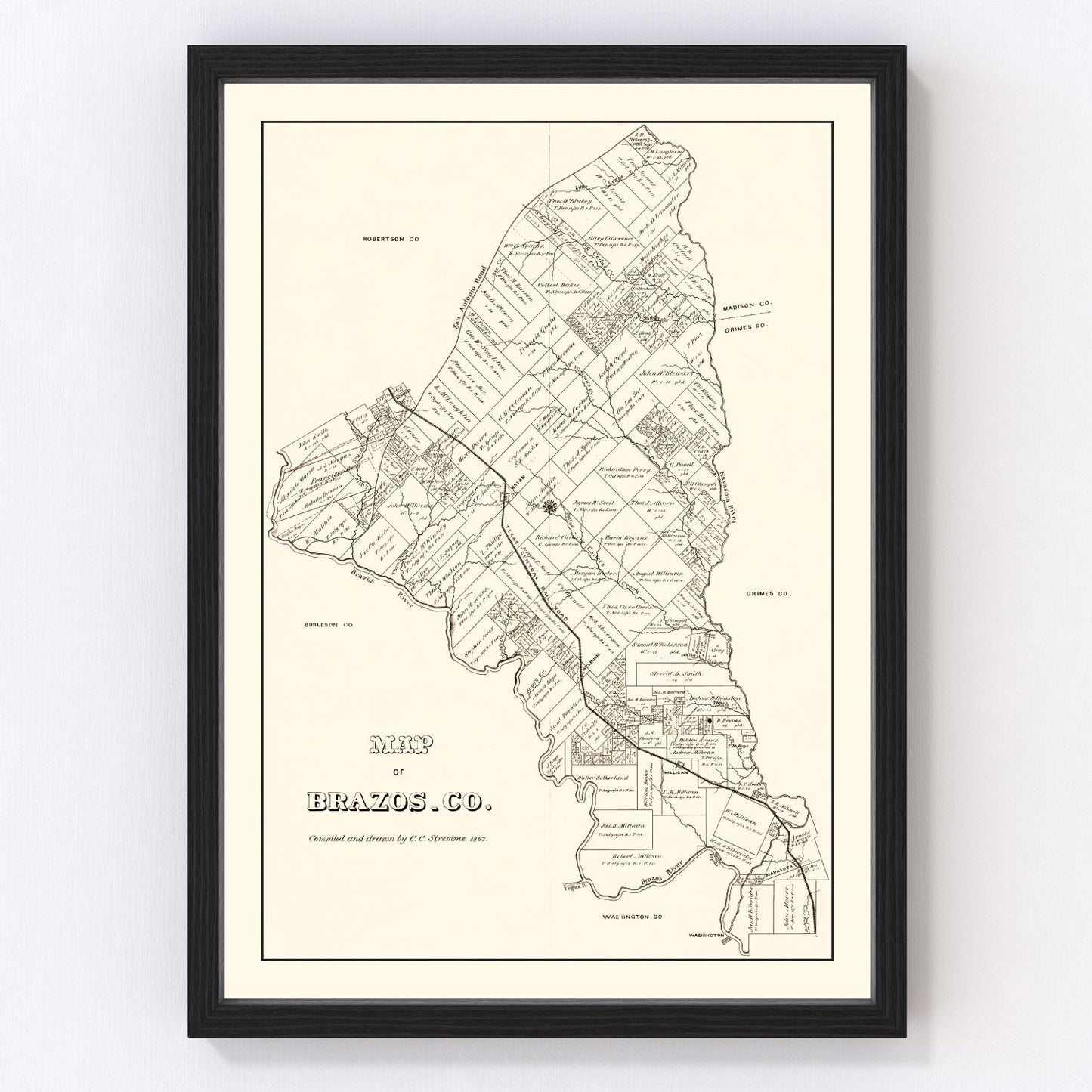 Vintage map of Brazos County, Texas, 1867, post-Civil War restored print
