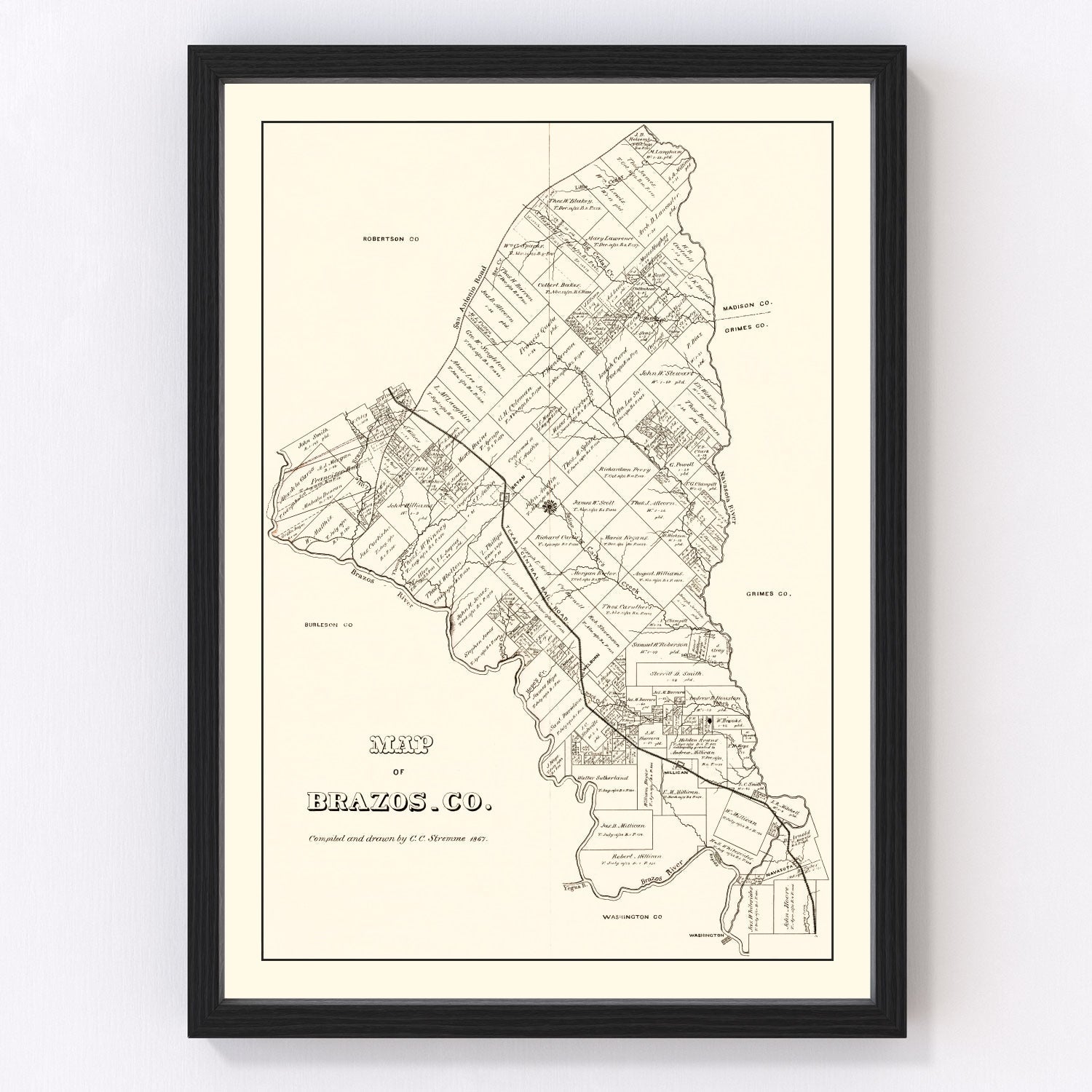 Vintage map of Brazos County, Texas, 1867, post-Civil War restored print