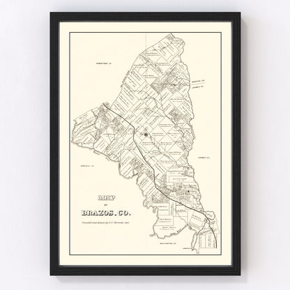 Vintage map of Brazos County, Texas, 1867, post-Civil War restored print