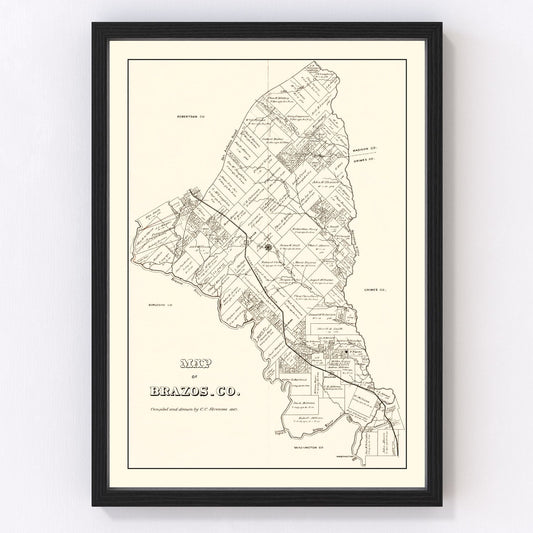 Vintage map of Brazos County, Texas, 1867, post-Civil War restored print