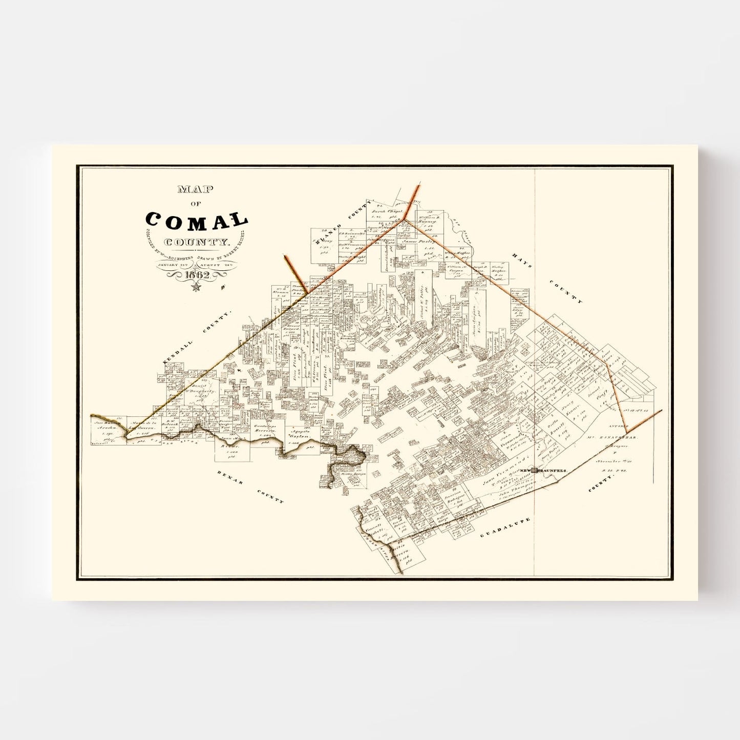Vintage Map of Comal County, Texas, 1862