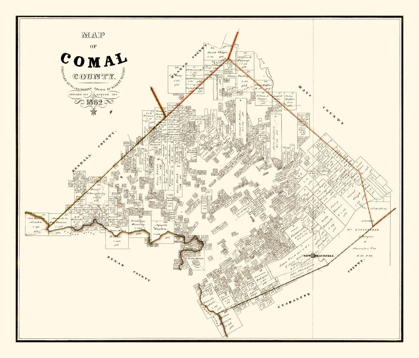 Vintage Map of Comal County, Texas, 1862