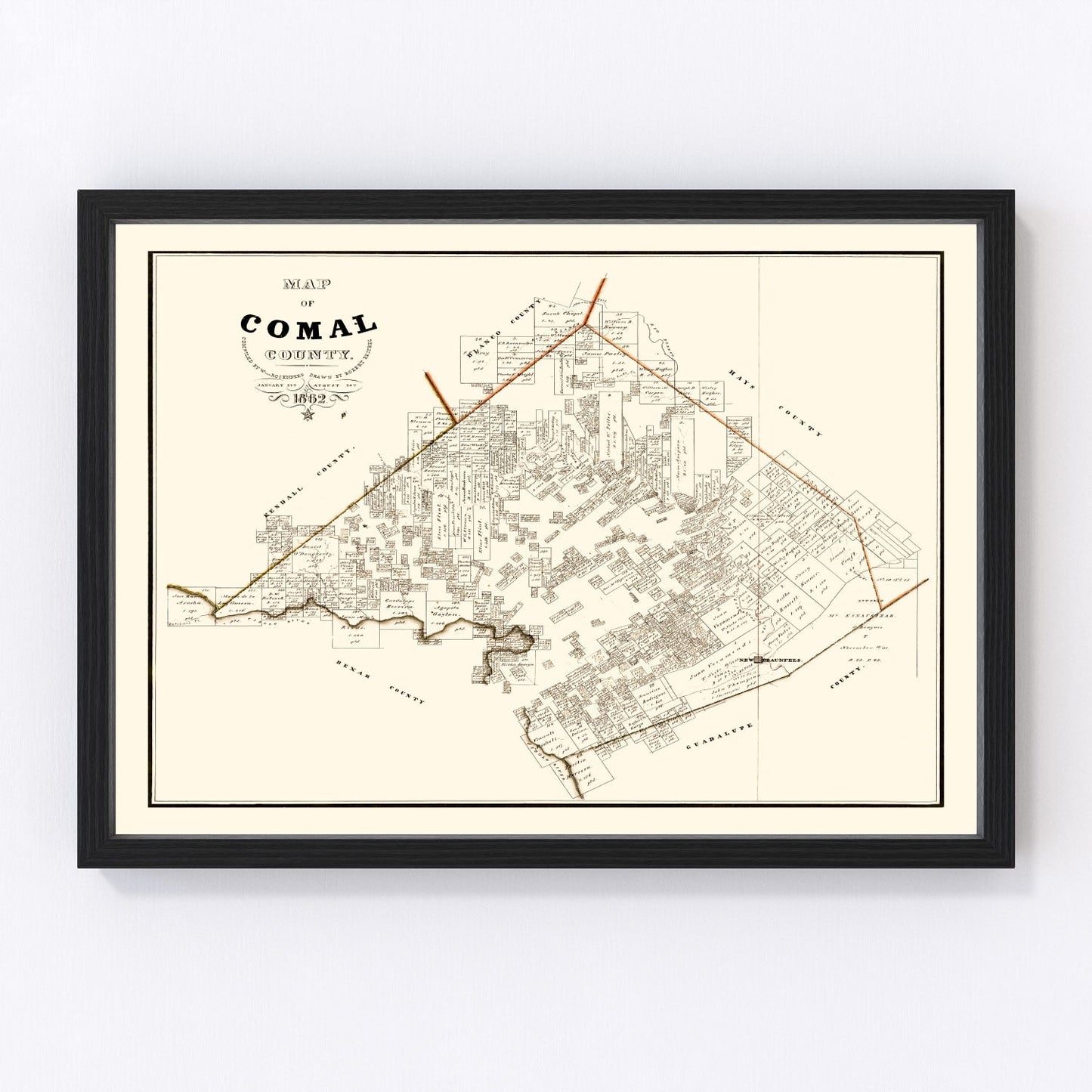 Vintage map of Comal County, Texas, 1862