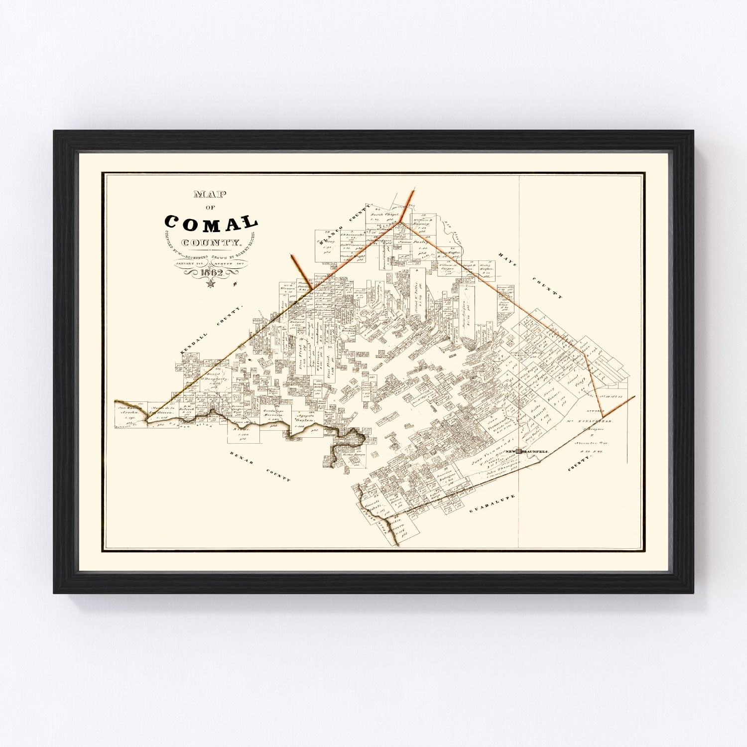 Vintage map of Comal County, Texas, 1862