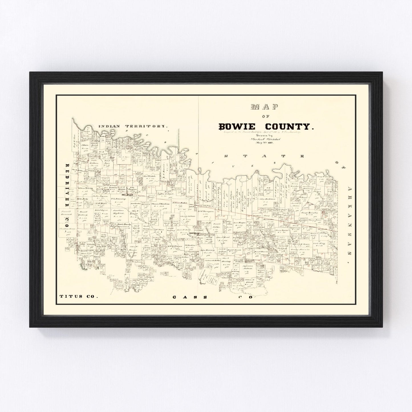 vintage map of Bowie County Texas, 1860, restored print wall art