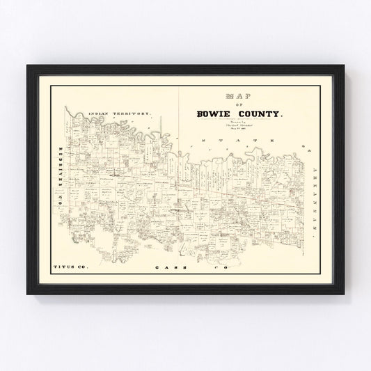 vintage map of Bowie County Texas, 1860, restored print wall art