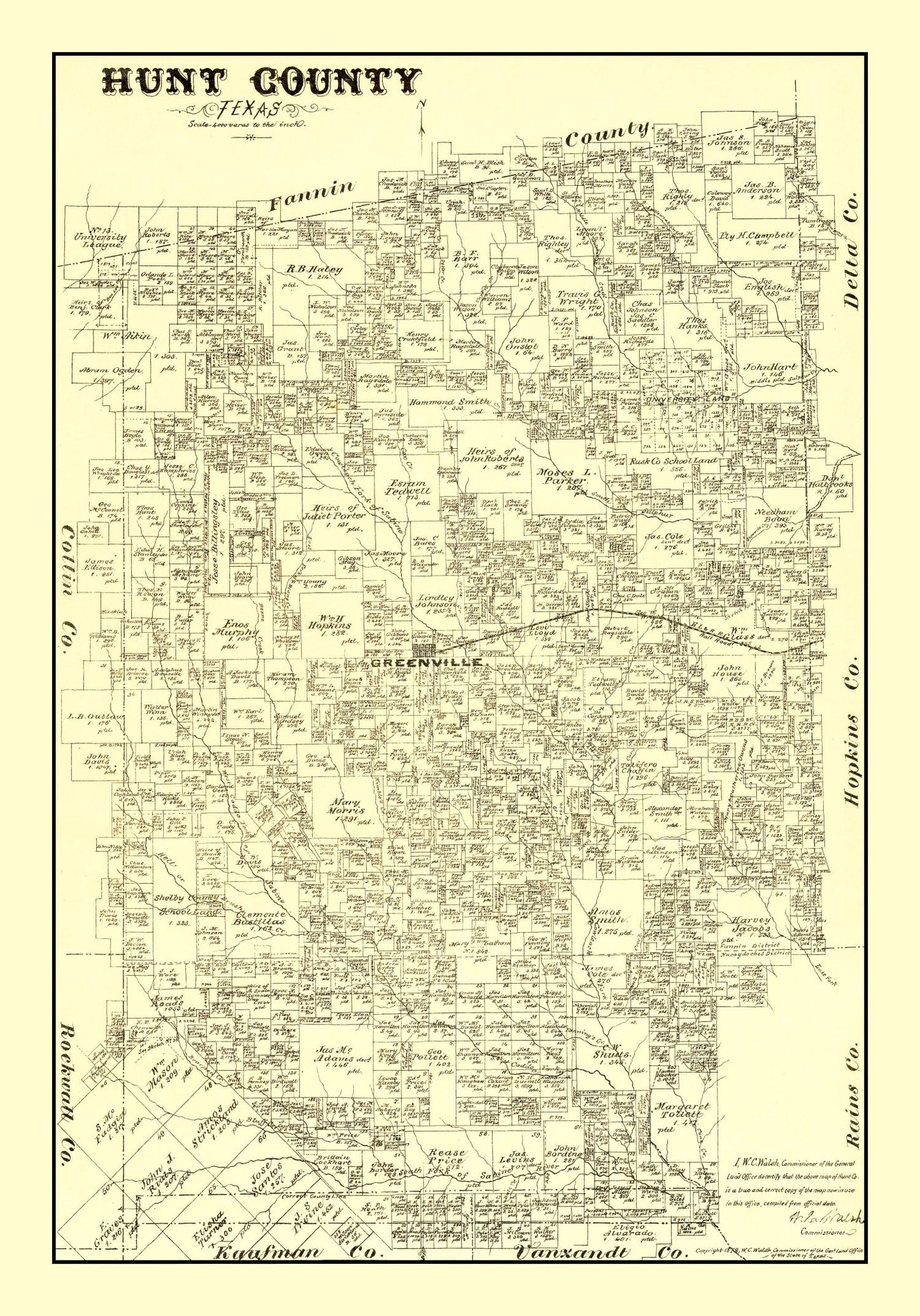 Vintage Map of Hunt County, Texas, 1879 (Greenville)