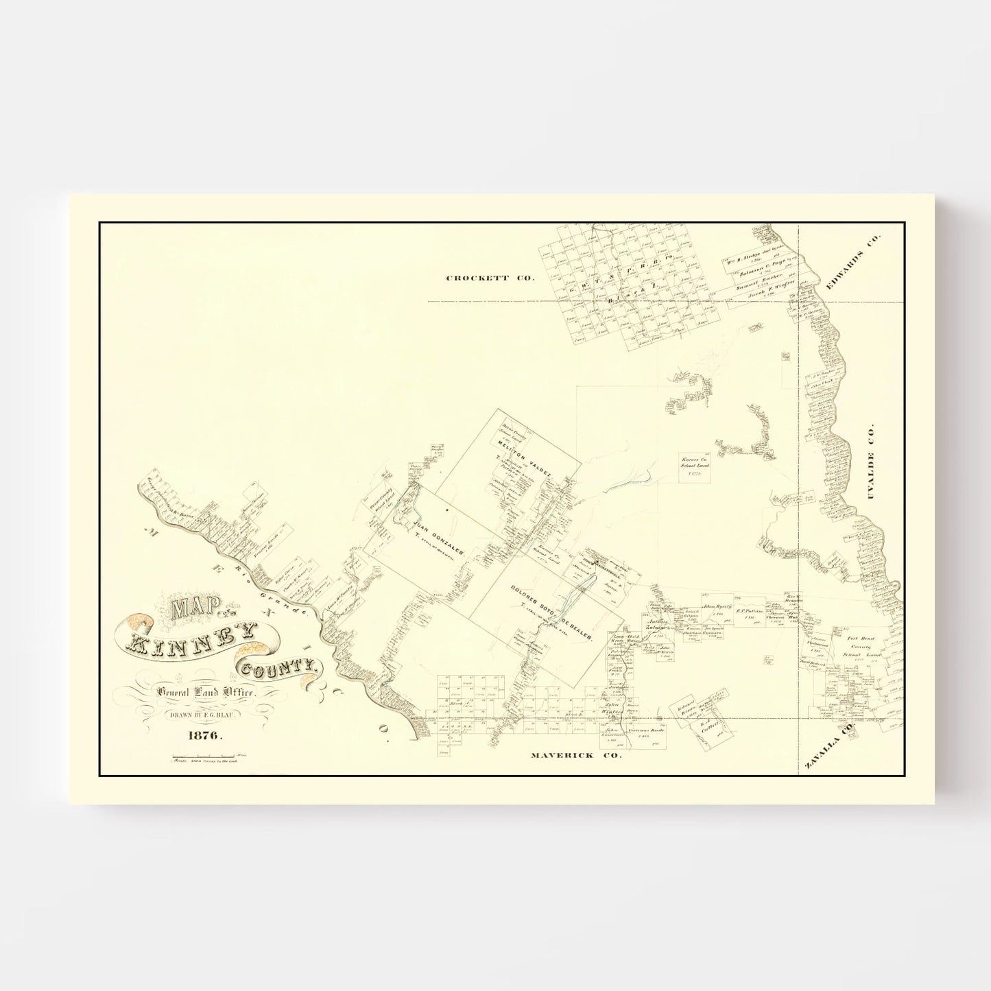Vintage Map of Kinney County, Texas, 1876