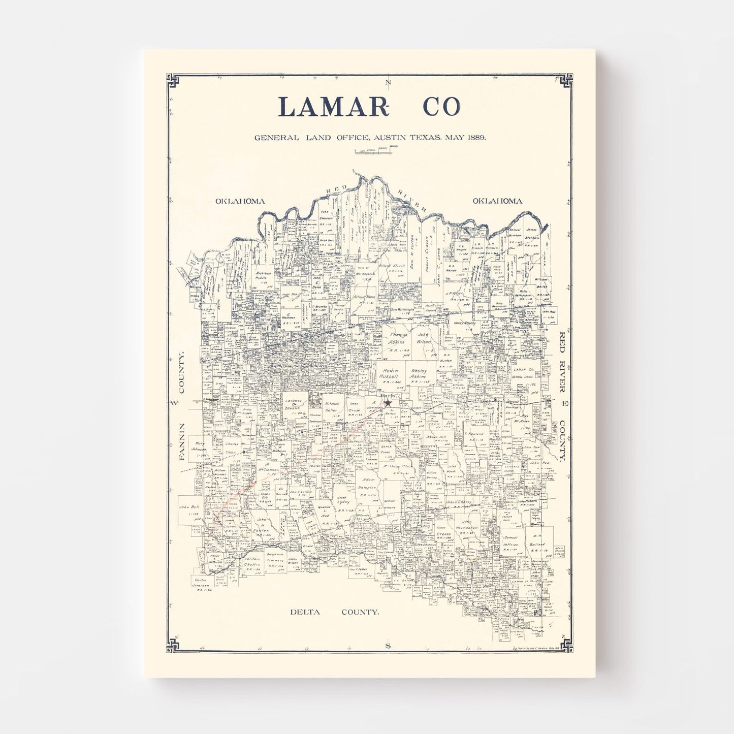 Vintage Map of Lamar County, Texas, 1889