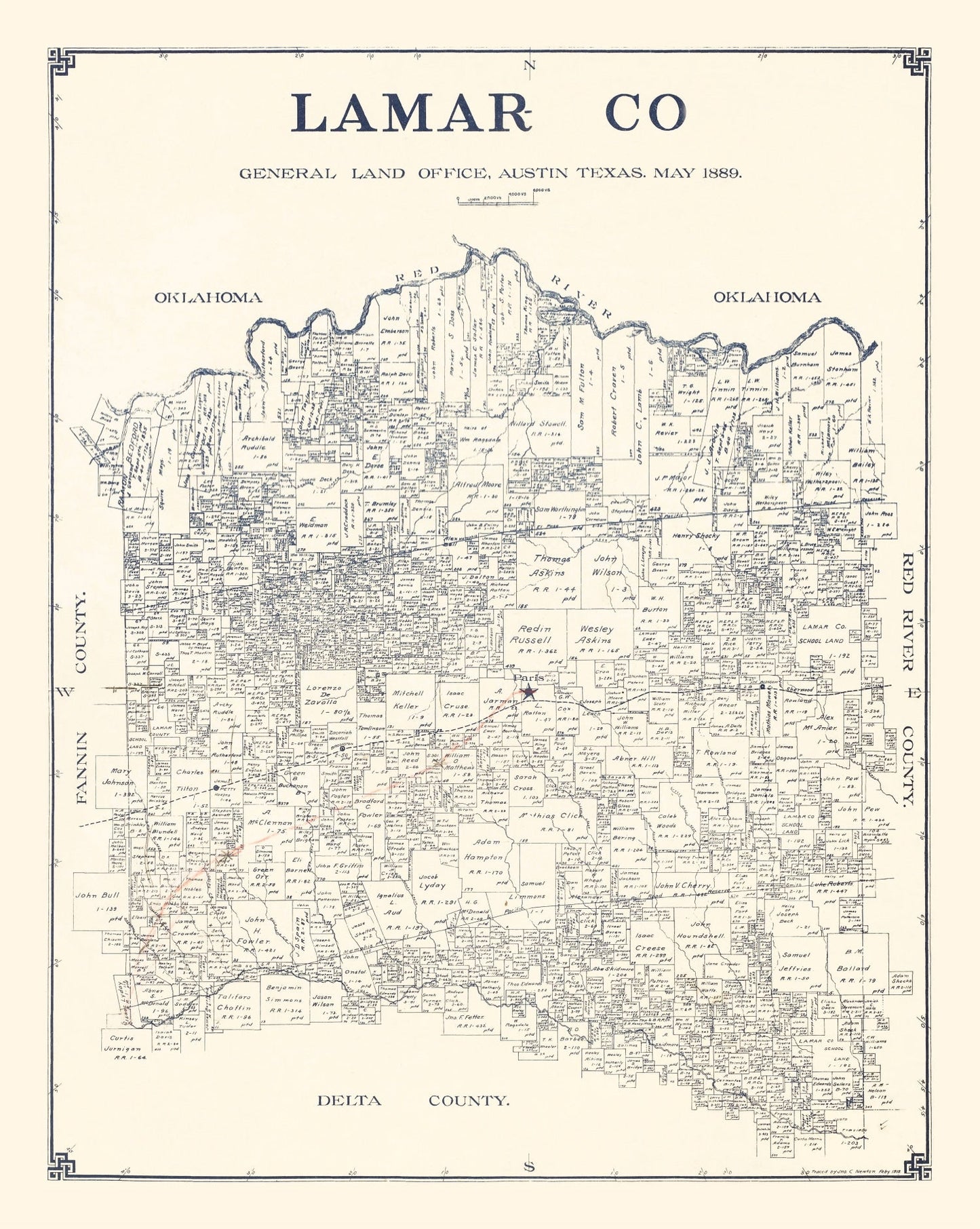 Vintage Map of Lamar County, Texas, 1889