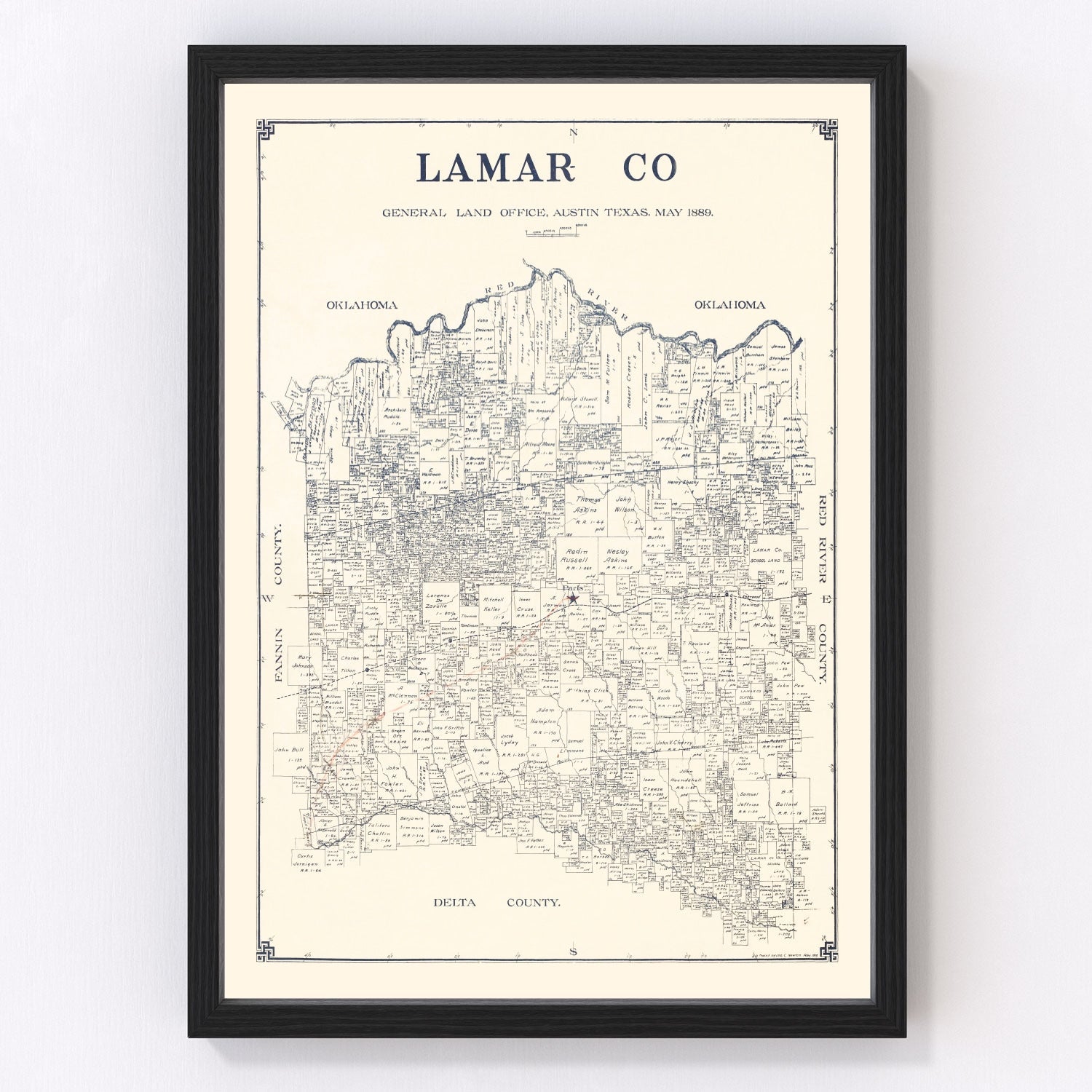 Vintage map of Lamar County, Texas, 1889