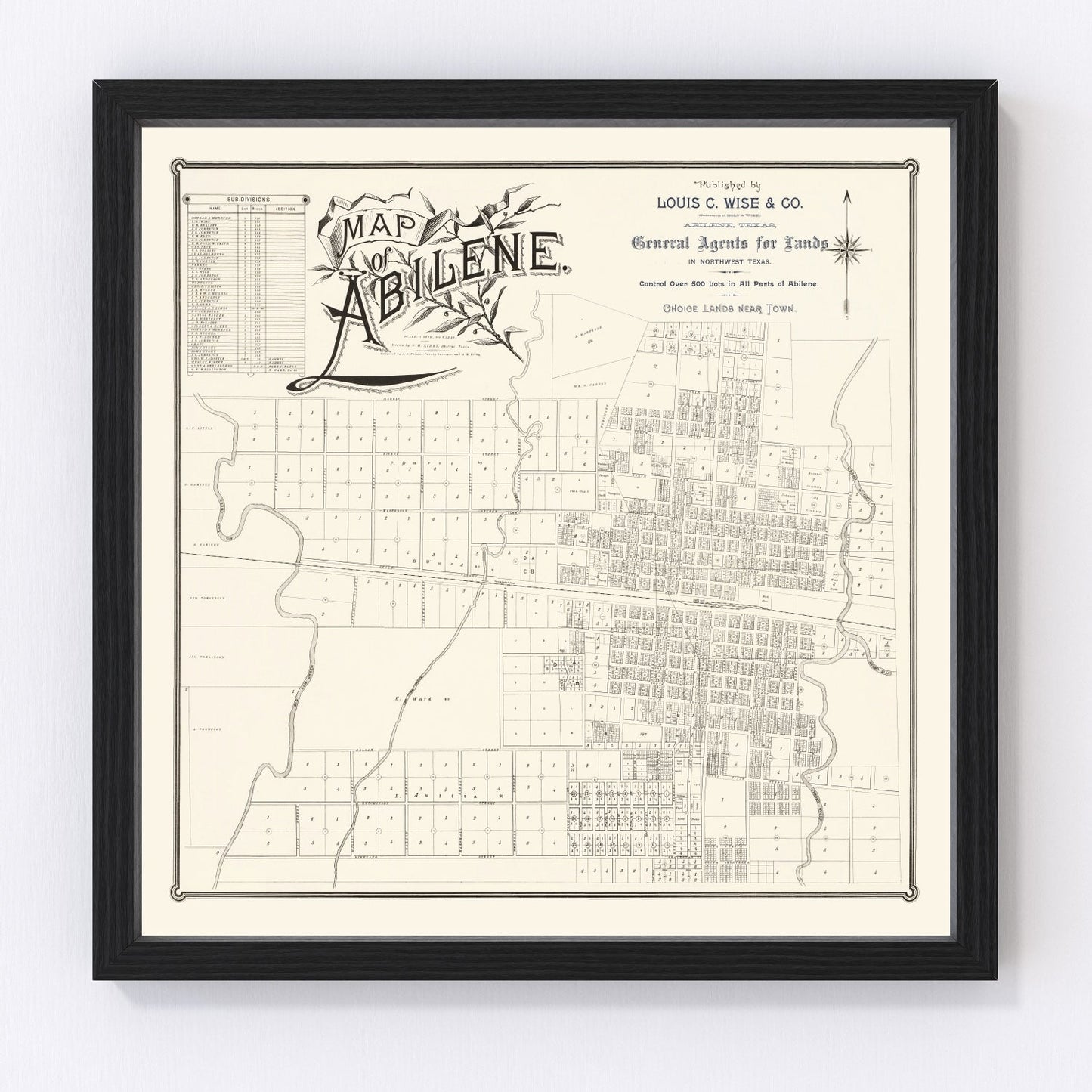 Vintage map of Abilene, Texas, 1885 - restored early settlement survey print