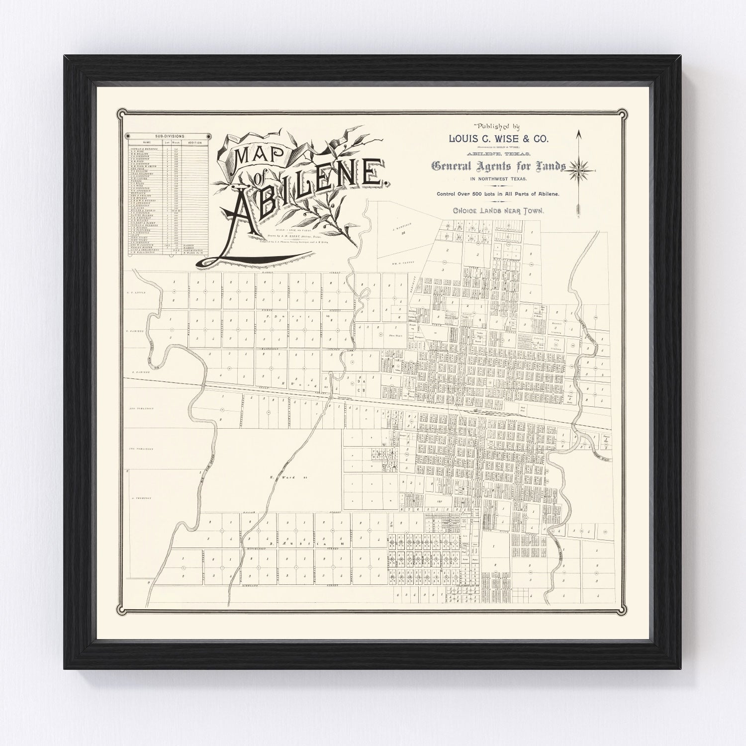 Vintage map of Abilene, Texas, 1885 - restored early settlement survey print