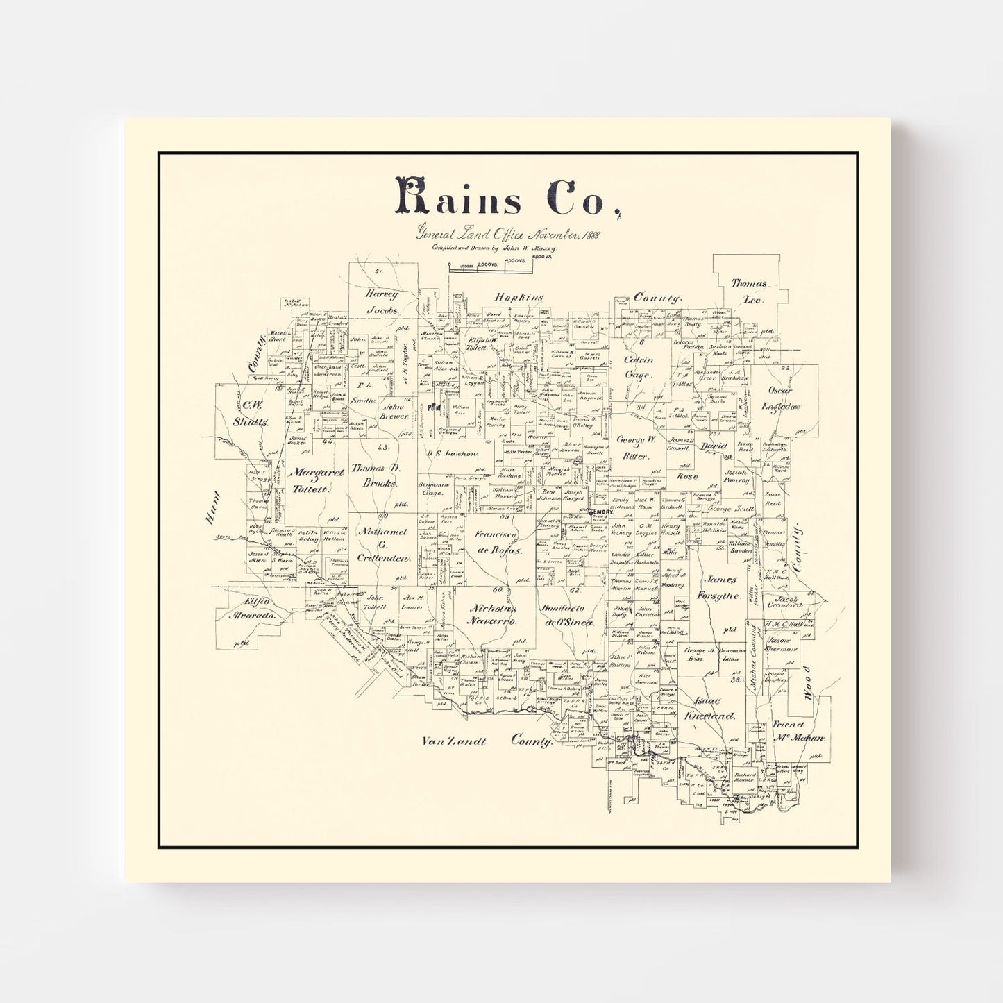 Vintage Map of Rains County, Texas, 1888