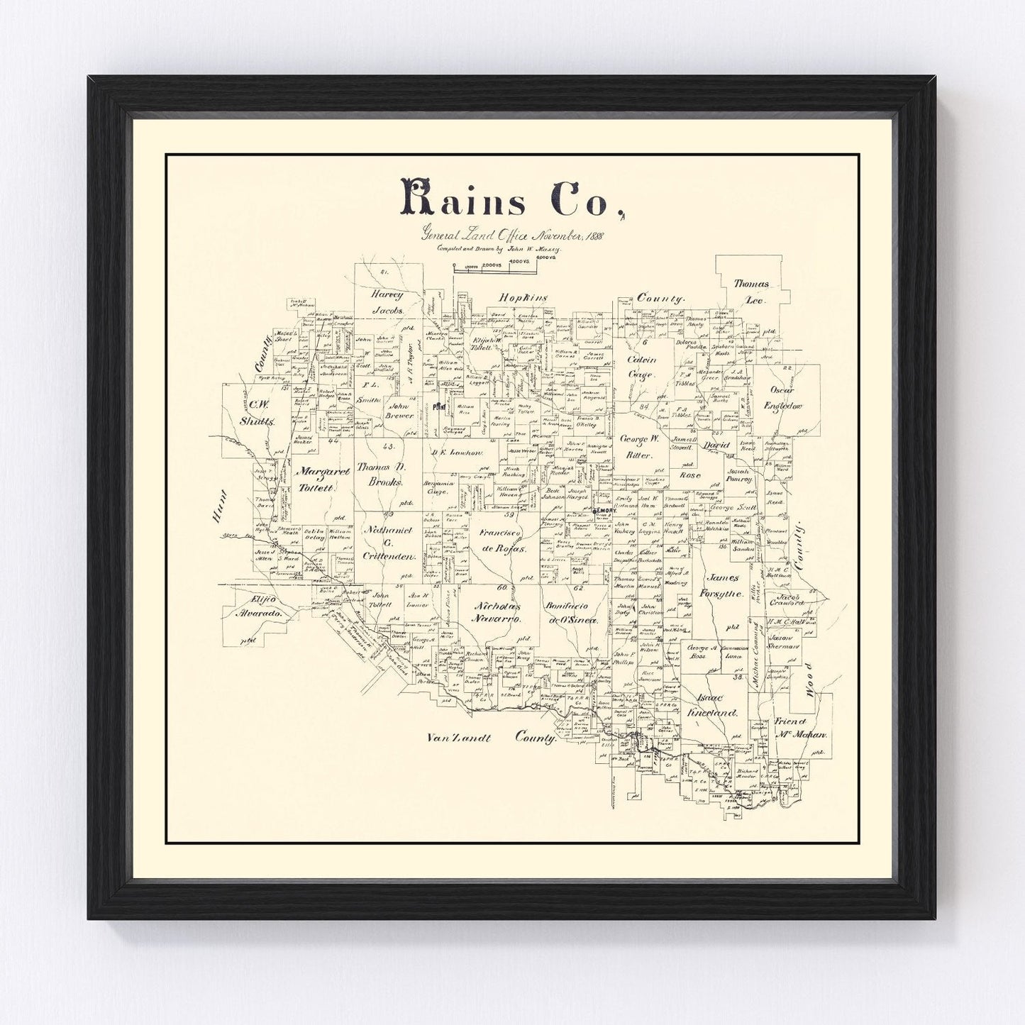 Vintage map of Rains County, Texas, 1888