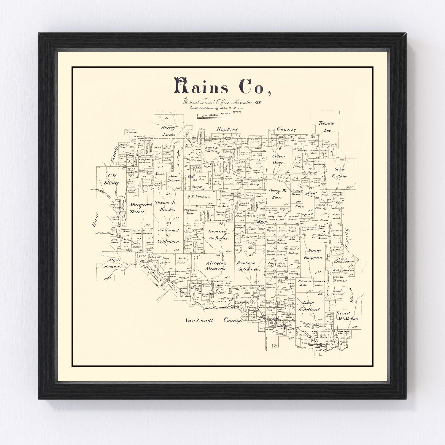 Vintage map of Rains County, Texas, 1888