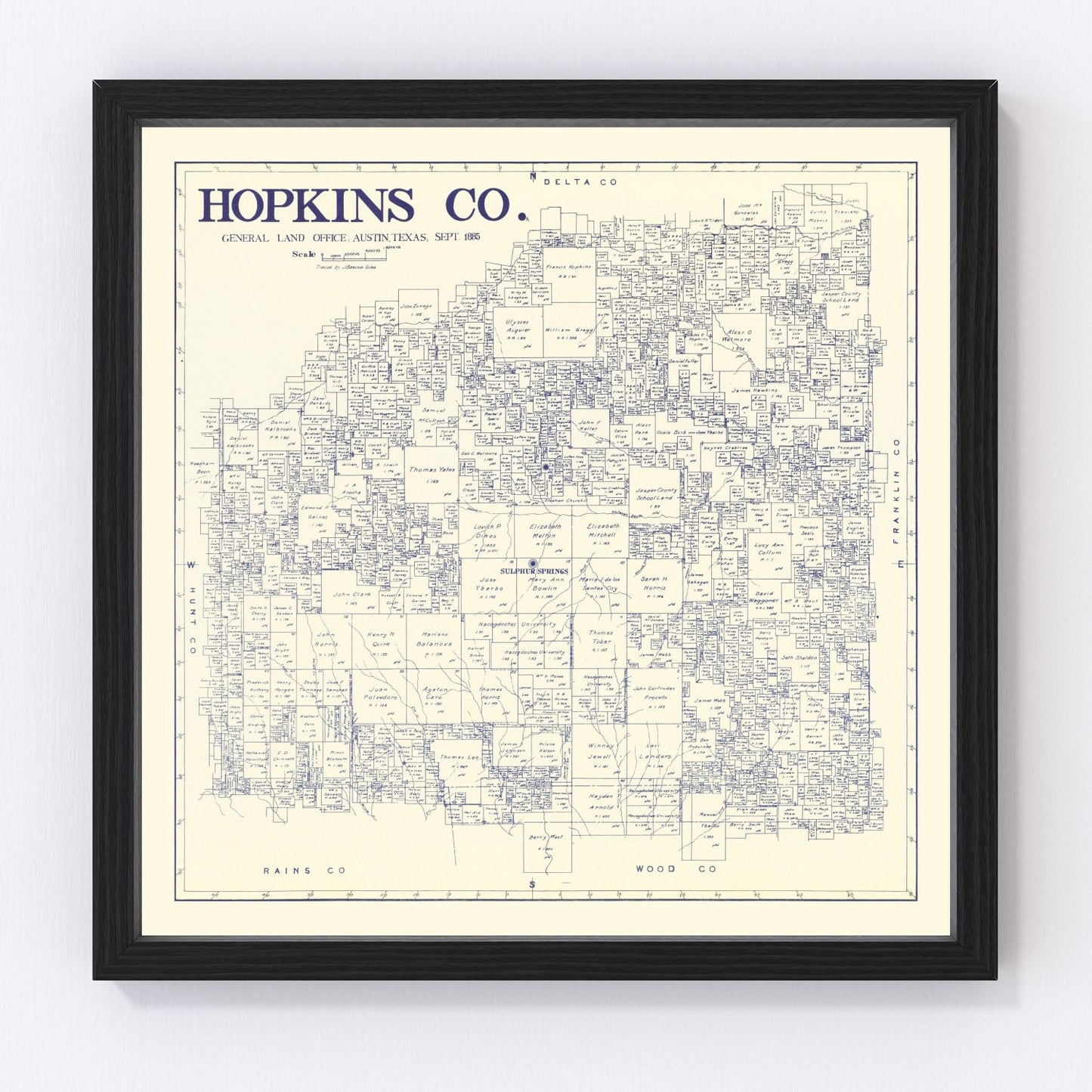 vintage map of Hopkins County, Texas, 1885
