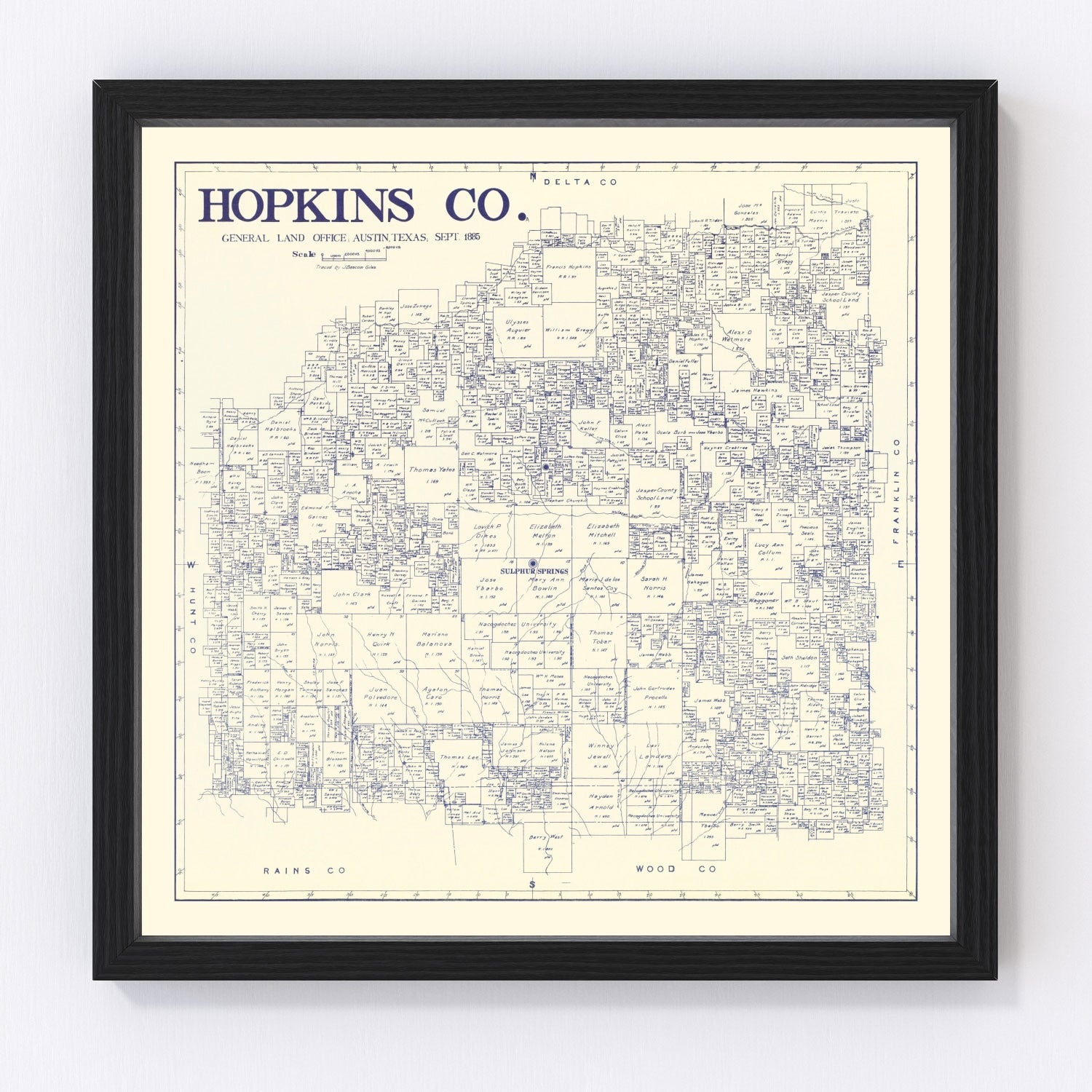 vintage map of Hopkins County, Texas, 1885